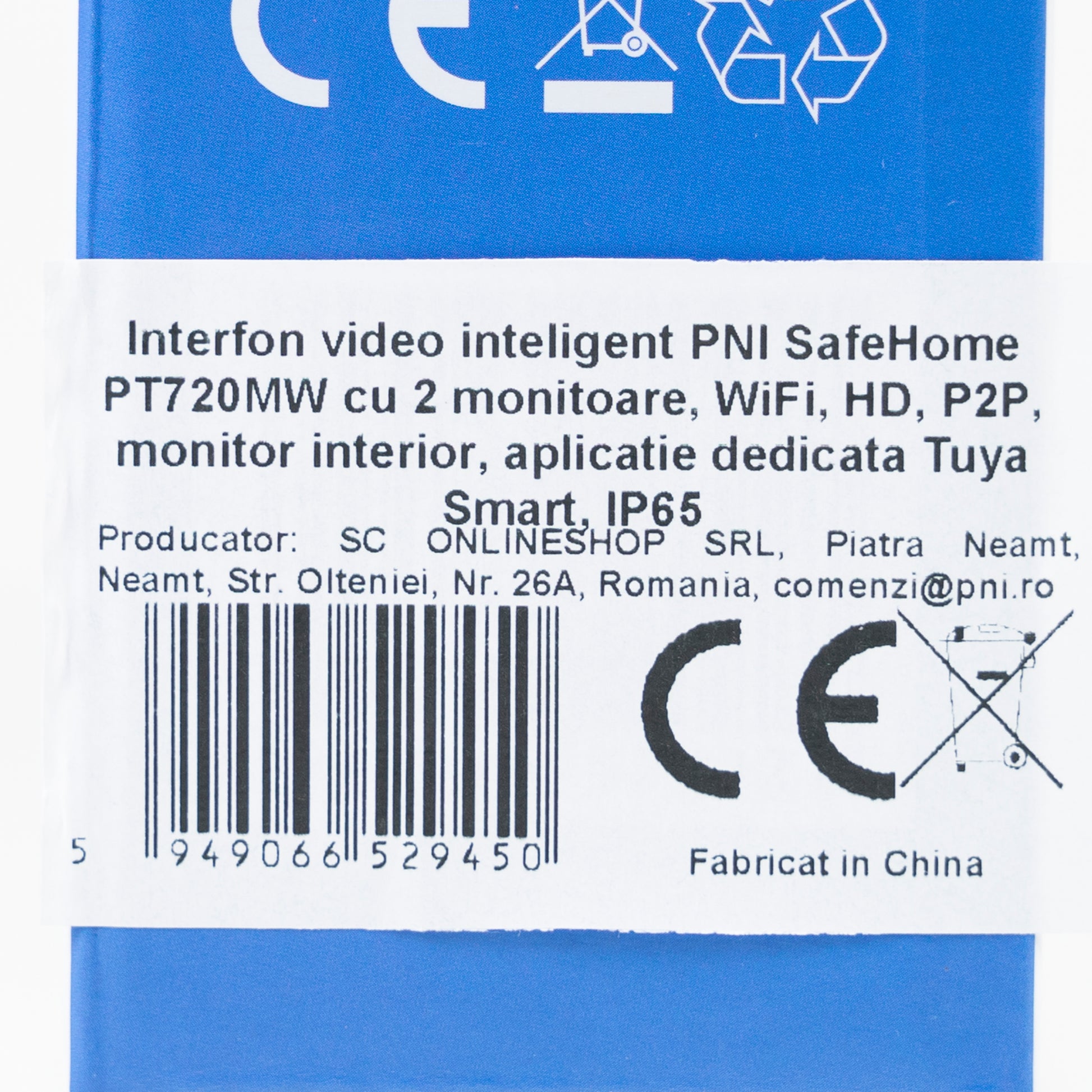 Interfon video inteligent PNI SafeHome PT720MW cu 2 monitoare, WiFi, HD, P2P, monitor interior, aplicatie dedicata Tuya Smart, IP65