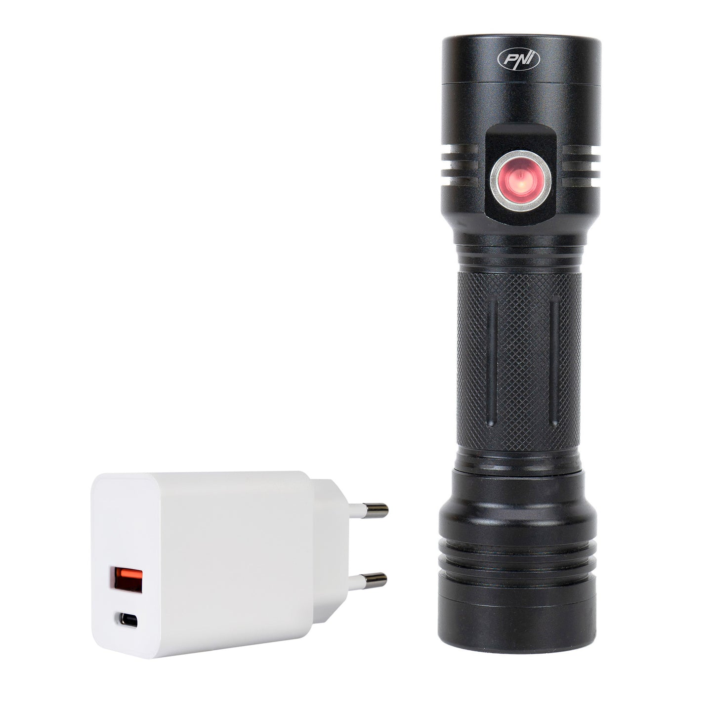 Pachet lanterna dubla PNI Adventure F200 din aluminiu cu LED, acumulator 4000mAh, 3 LED-uri cu deschidere mare si unul cu focus si alimentator PNI CHG300 cu port USB C, QC3.0, PD3.0, PPS si port USB-A, 30W