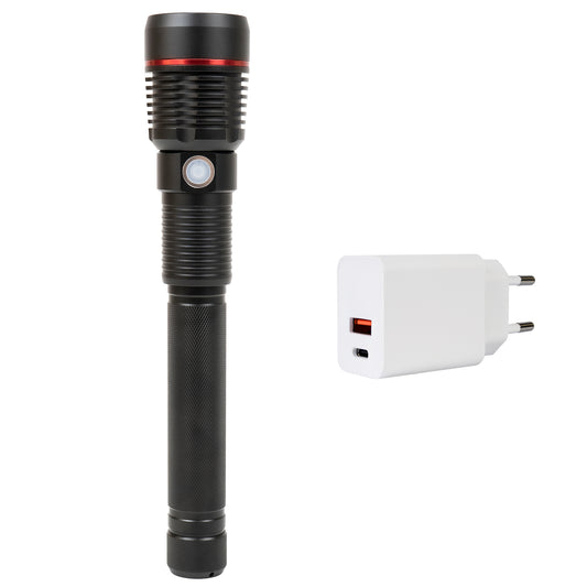Lanterna PNI Adventure F450 din aluminiu, cu functie focus, BOOST, LED 20 W, 1500 lm pana la 450 m, 4400 mAh, IPX5, cu alimentator PNI CHG300 inclus