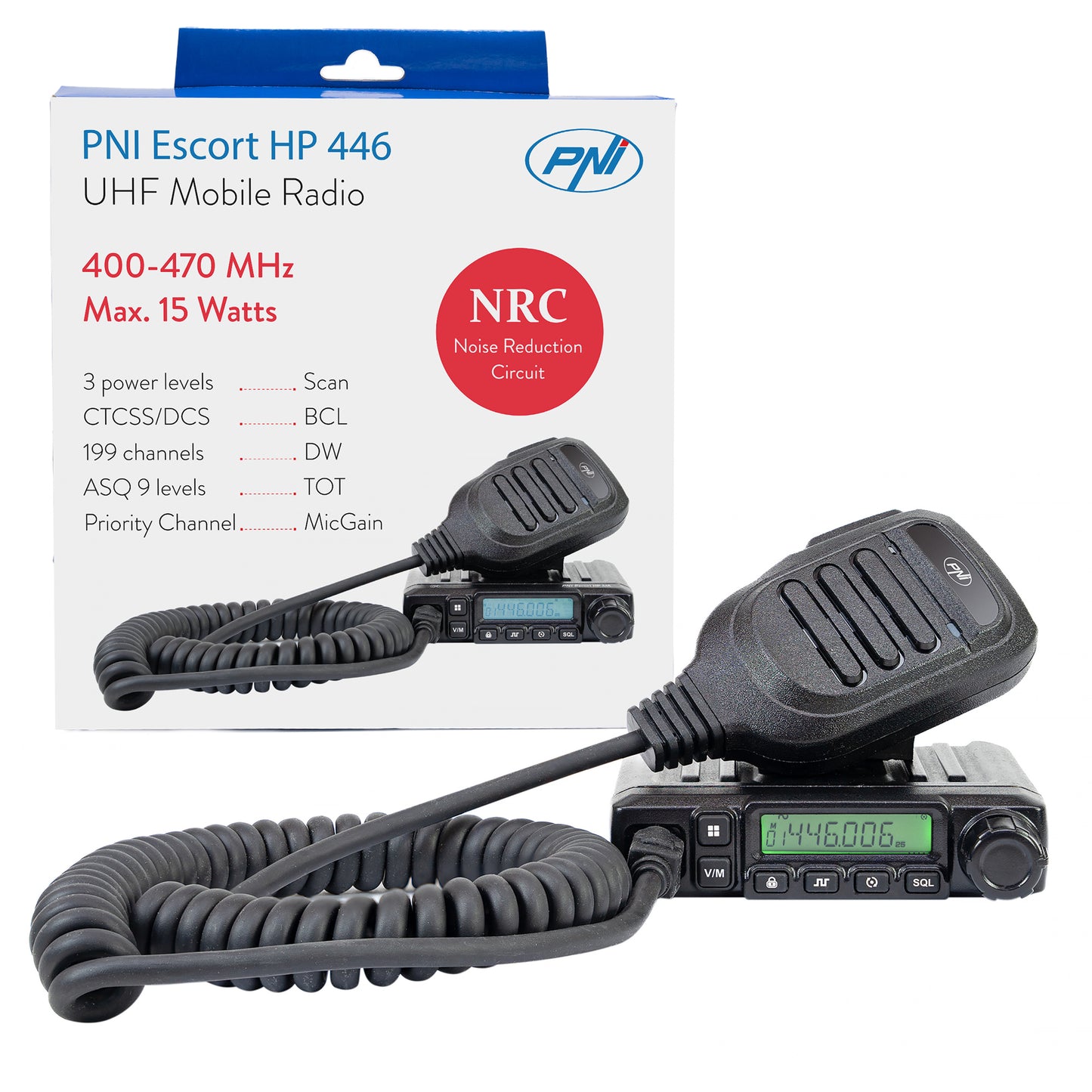 Statie radio UHF PNI Escort HP 446, 199 canale, ASQ 9 niveluri, Scan, Dual Watch, CTCSS-DCS, putere 0.5W la 15W, functie NRC