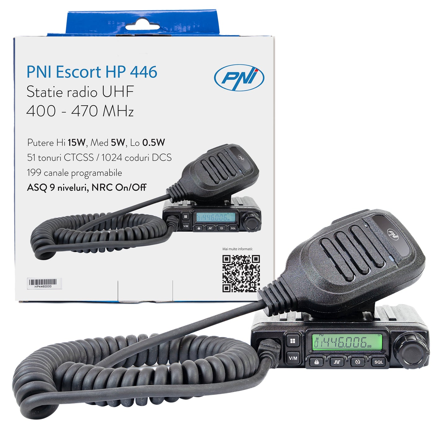 Statie radio UHF PNI Escort HP 446, 199 canale, ASQ 9 niveluri, Scan, Dual Watch, CTCSS-DCS, putere 0.5W la 15W, functie NRC