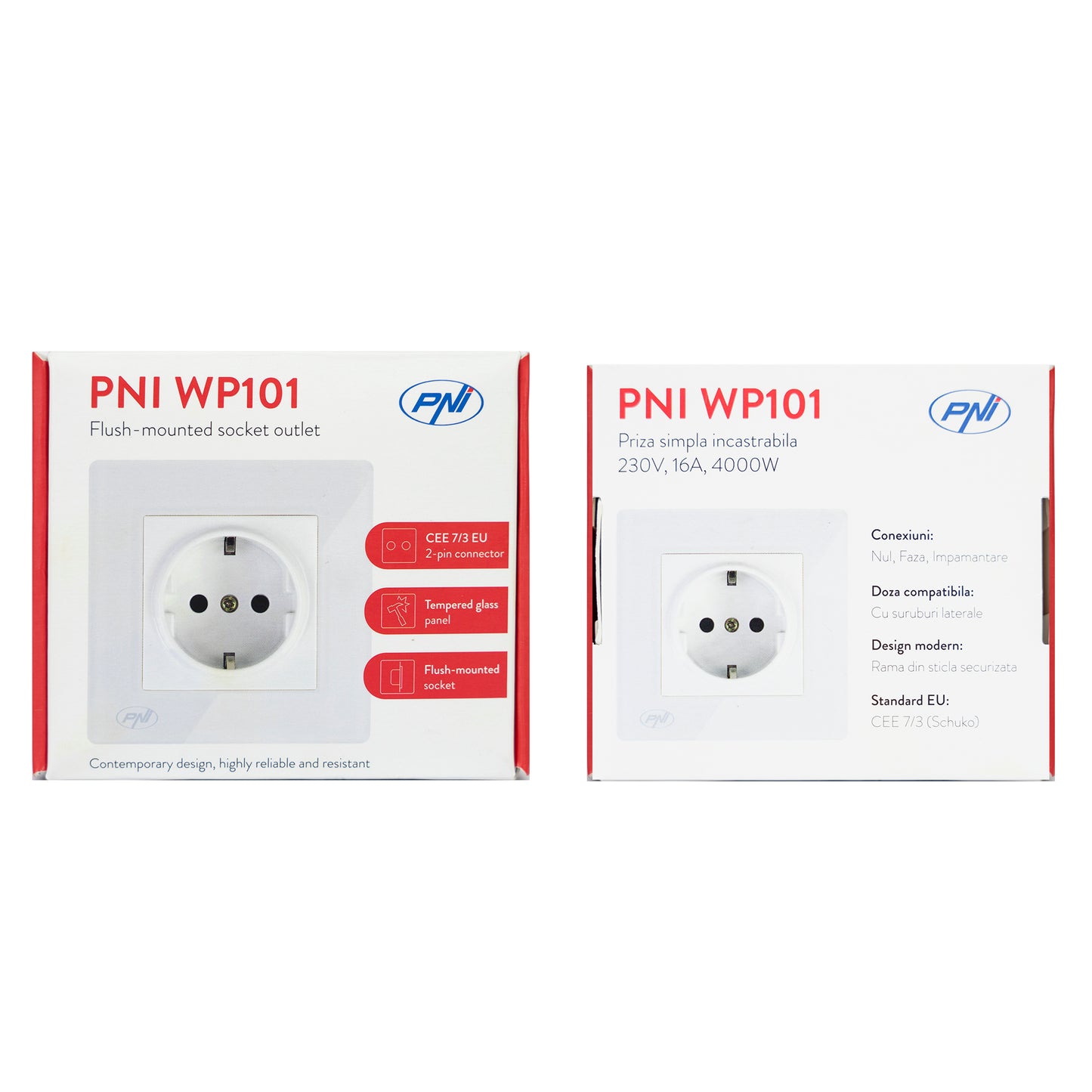 Priza simpla incastrabila PNI WP101 cu rama din sticla, 16A, 3700W, 230V