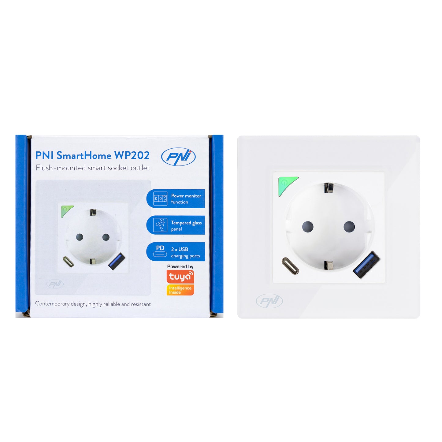 Priza inteligenta PNI SmartHome WP202 WiFi, montaj ingropat, control prin internet, aplicatie dedicata Tuya Smart, compatibila Amazon Alexa si Google Home