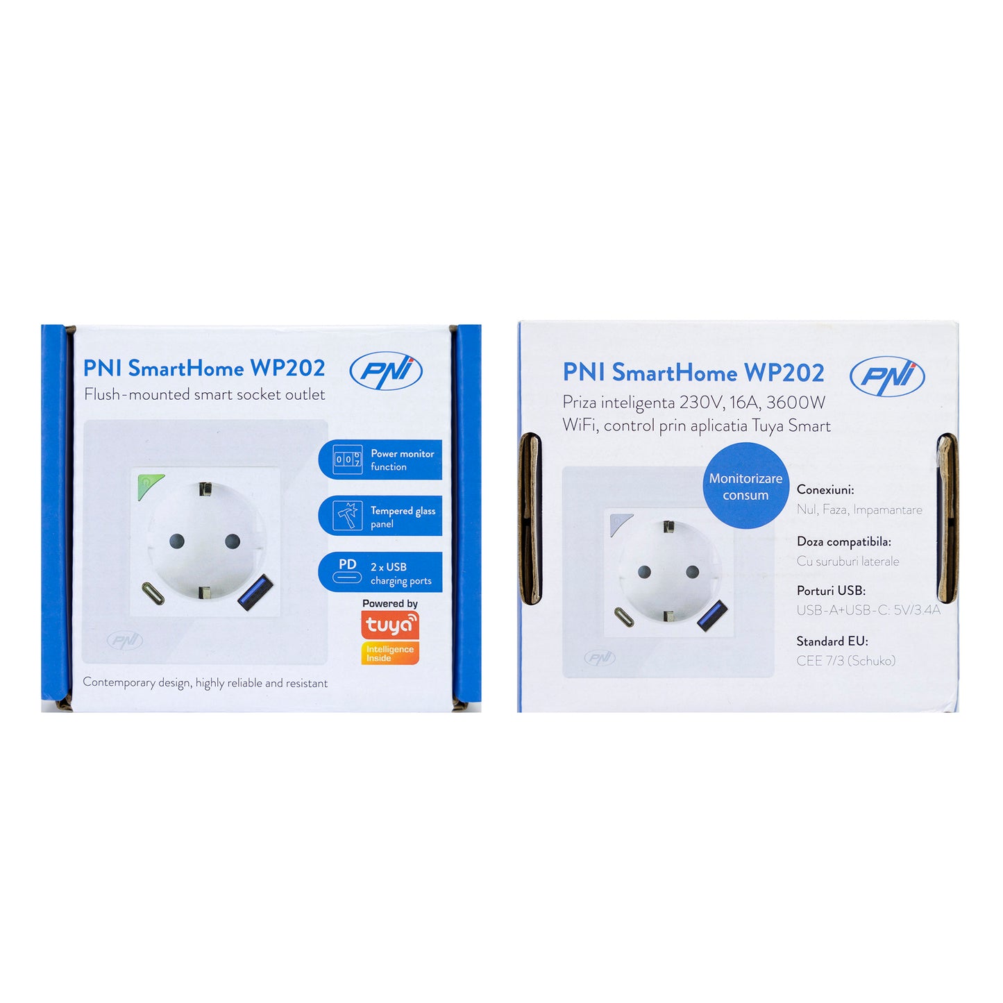 Priza inteligenta PNI SmartHome WP202 WiFi, montaj ingropat, control prin internet, aplicatie dedicata Tuya Smart, compatibila Amazon Alexa si Google Home