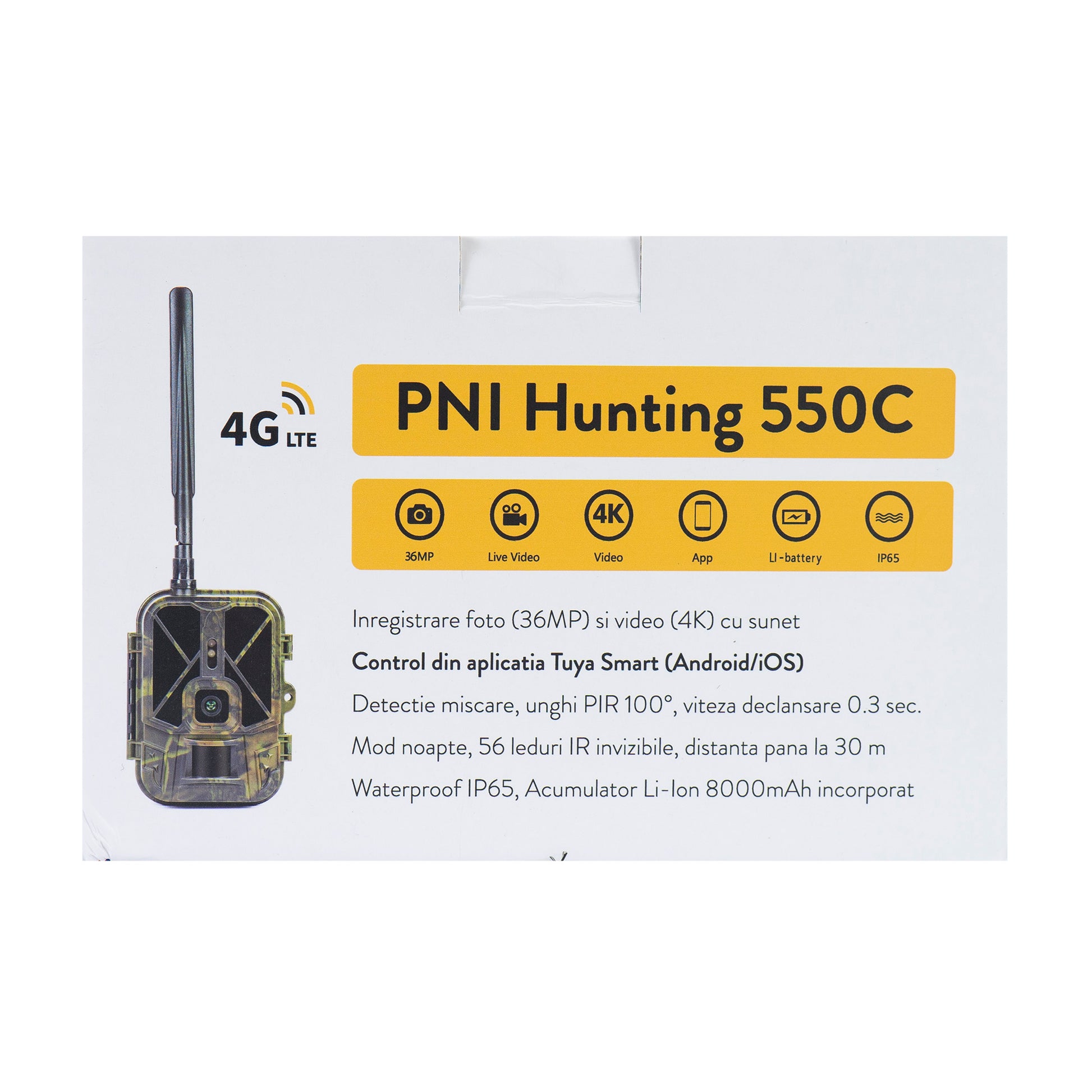 Camera vanatoare PNI Hunting 550C Internet 4G LTE, acces live si notificari prin aplicatia Tuya, acumulator reincarcabil inclus 8000 mAh