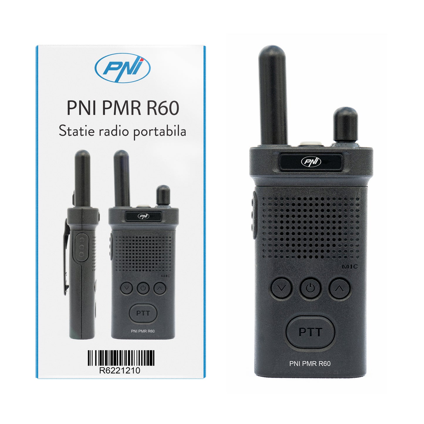 Statie radio portabila PNI PMR R60 446MHz, 0.5W, 16 canale programabile, 16 PMR si tonuri 50 CTCSS si 104 DCS, Scan, blocare taste, SOS, Monitor, acumulator 1200mAh