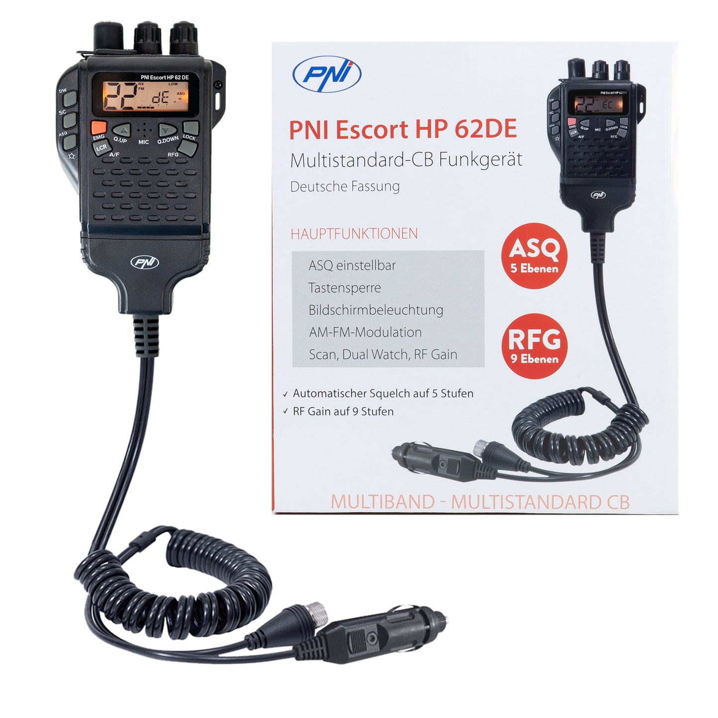 Statie radio CB portabila PNI Escort HP 62DE German version, multi standard, 4W, 12V, AM-FM, ASQ reglabil pe 5 niveluri, RF Gain pe 9 niveluri, Dual Watch, Scan, Lock
