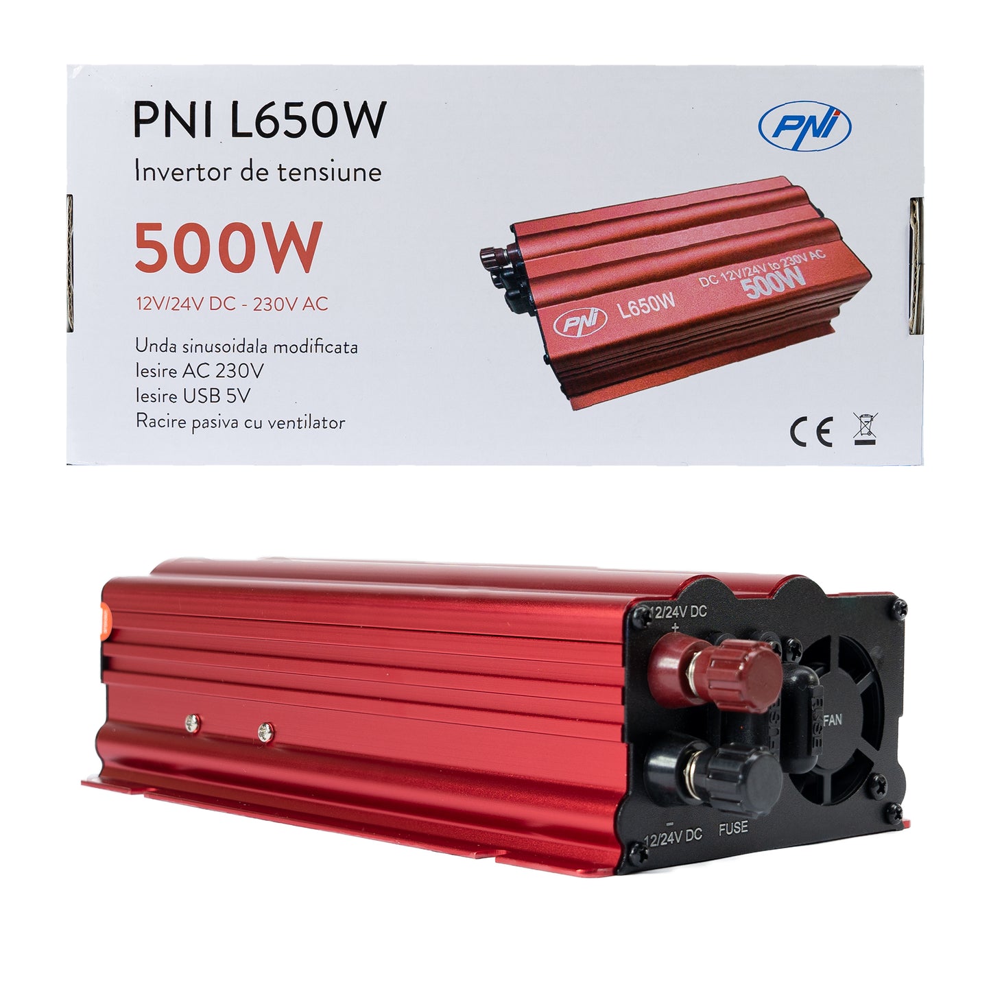 Invertor de tensiune PNI L650W alimentare duala 12V/24V, iesire 230V, 500W, sinus modificat, mufa USB 5V 500mAh, cu clesti alimentare si mufa de bricheta inclusa