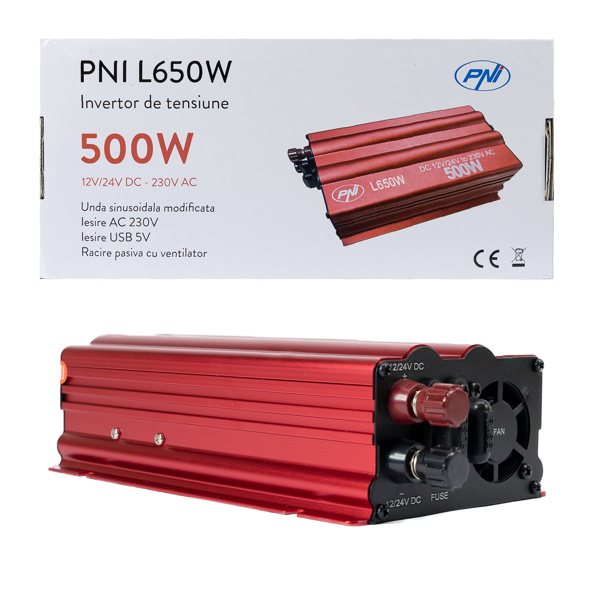 Invertor de tensiune PNI L650W alimentare duala 12V/24V, iesire 230V, 500W, sinus modificat, mufa USB 5V 500mAh, cu clesti alimentare si mufa de bricheta inclusa