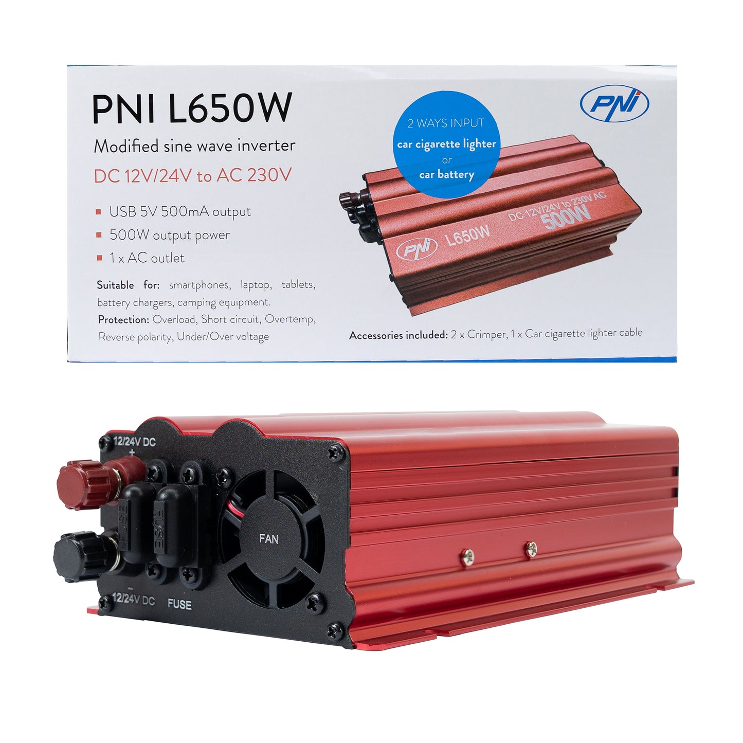 Invertor de tensiune PNI L650W alimentare duala 12V/24V, iesire 230V, 500W, sinus modificat, mufa USB 5V 500mAh, cu clesti alimentare si mufa de bricheta inclusa