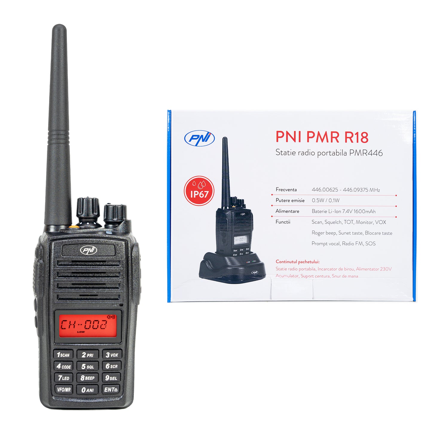 Statie radio portabila PNI PMR R18, 446MHz, 0.5W, 128 canale, 16 PMR si tonuri 50 CTCSS si 104 DCS, Radio FM, programabila, Waterproof IP67