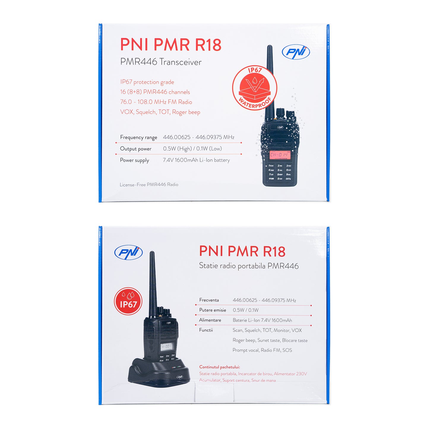 Statie radio portabila PNI PMR R18, 446MHz, 0.5W, 128 canale, 16 PMR si tonuri 50 CTCSS si 104 DCS, Radio FM, programabila, Waterproof IP67