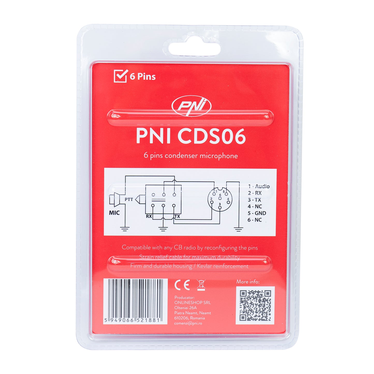 Microfon PNI CDS06 tip condenser cu 6 pini pentru statie radio CB, compatibil cu statii CB President, Midland, Albrecht