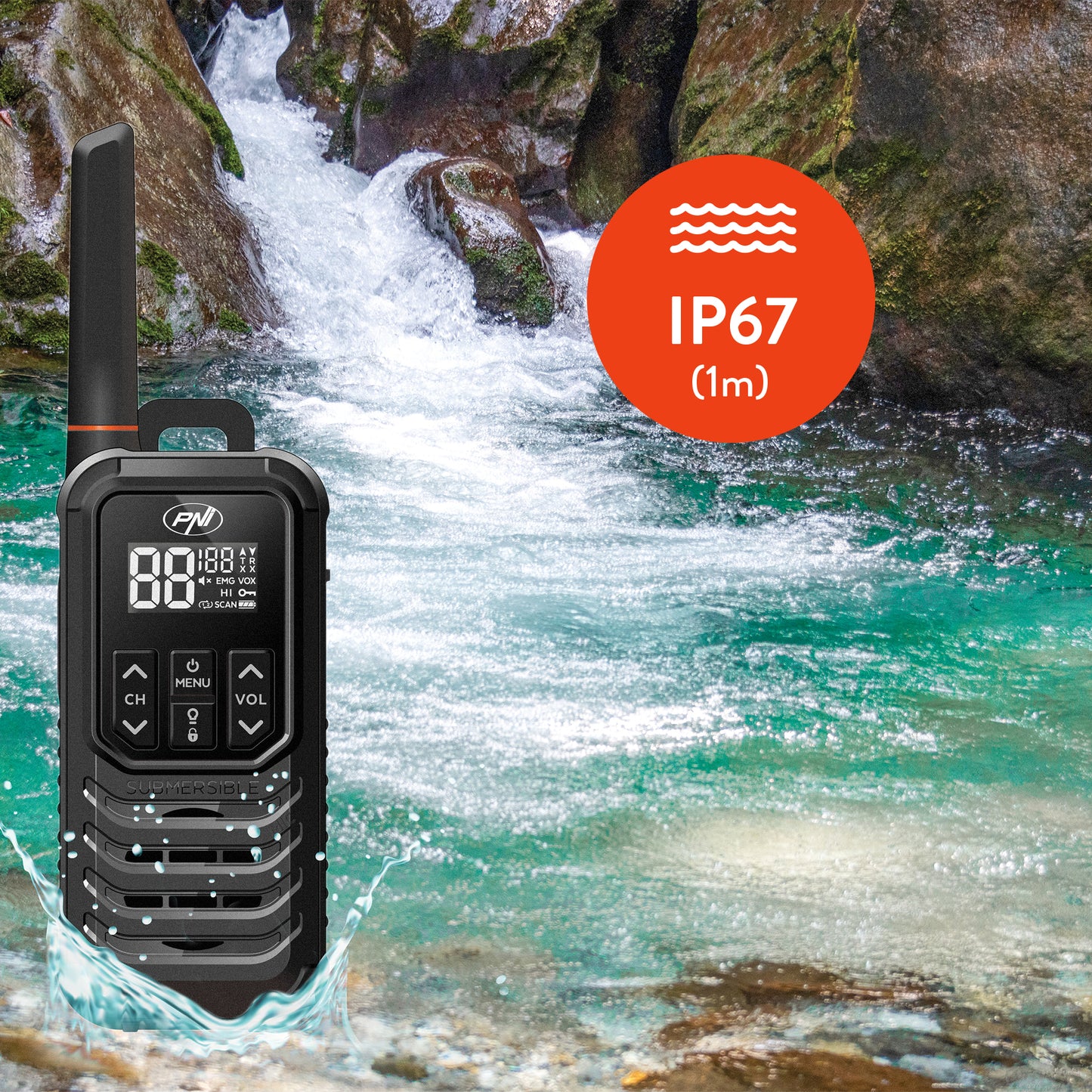 Statie radio portabila PNI PMR R80 PRO, set cu 2 bucati, 0.5W, 16 canale, Waterproof IP67, cu lanterna LED, buton SOS, VOX, USB-C
