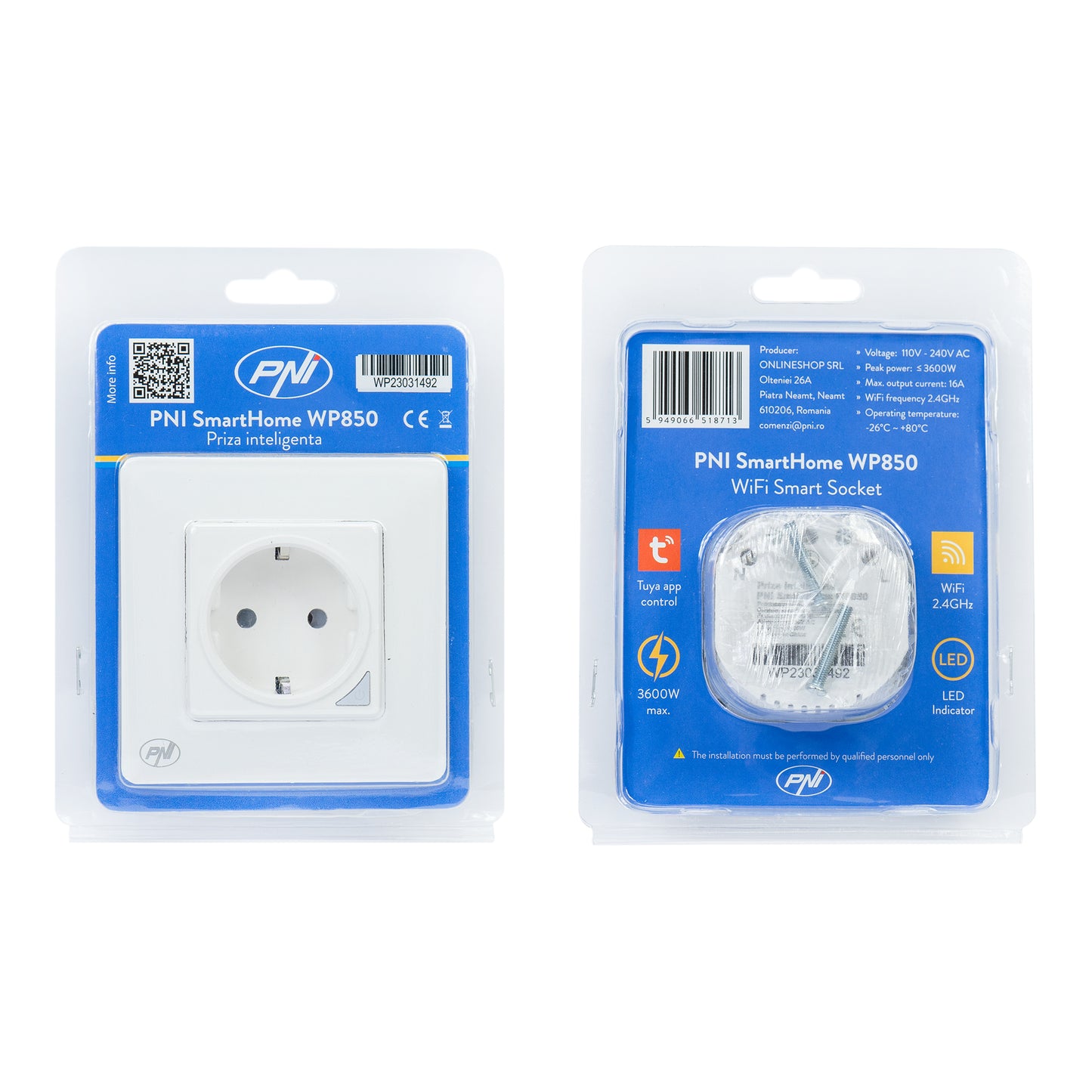 Priza inteligenta PNI SmartHome WP850 WiFi, montaj ingropat, control prin internet, aplicatie dedicata Tuya Smart, compatibila Amazon Alexa si Google Home