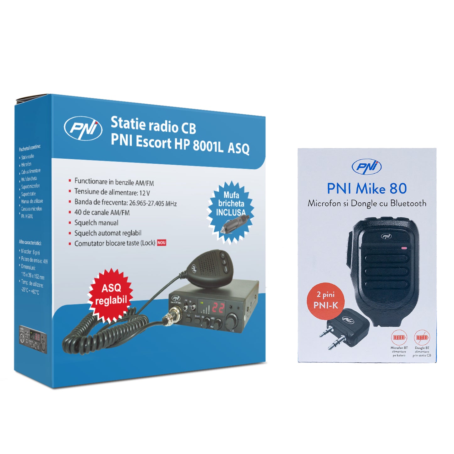 Pachet Statie radio CB PNI Escort HP 8001L ASQ + Microfon si Dongle cu Bluetooth PNI Mike 80