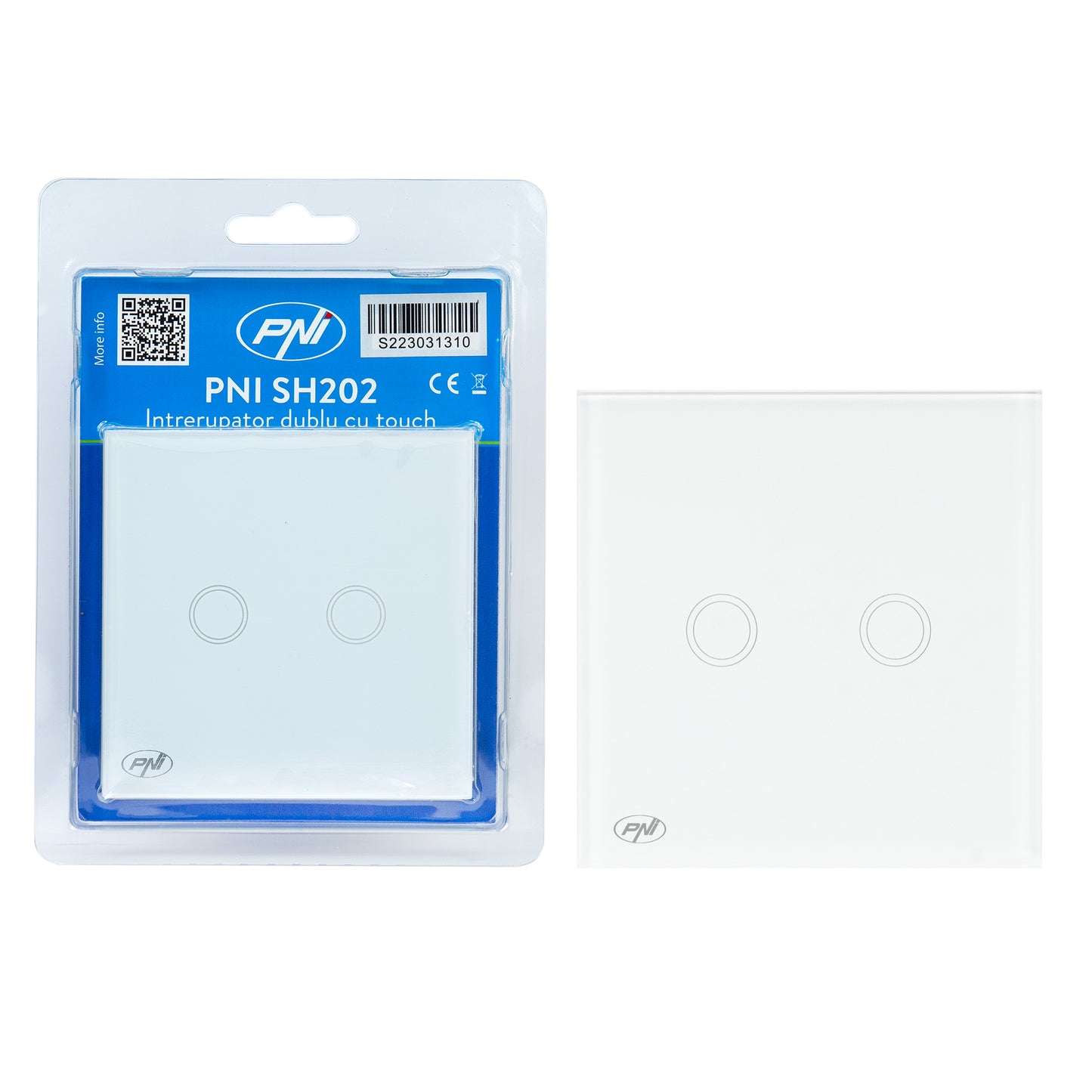 Intrerupator dublu cu touch PNI SH202 din sticla, alb cu LED indicator