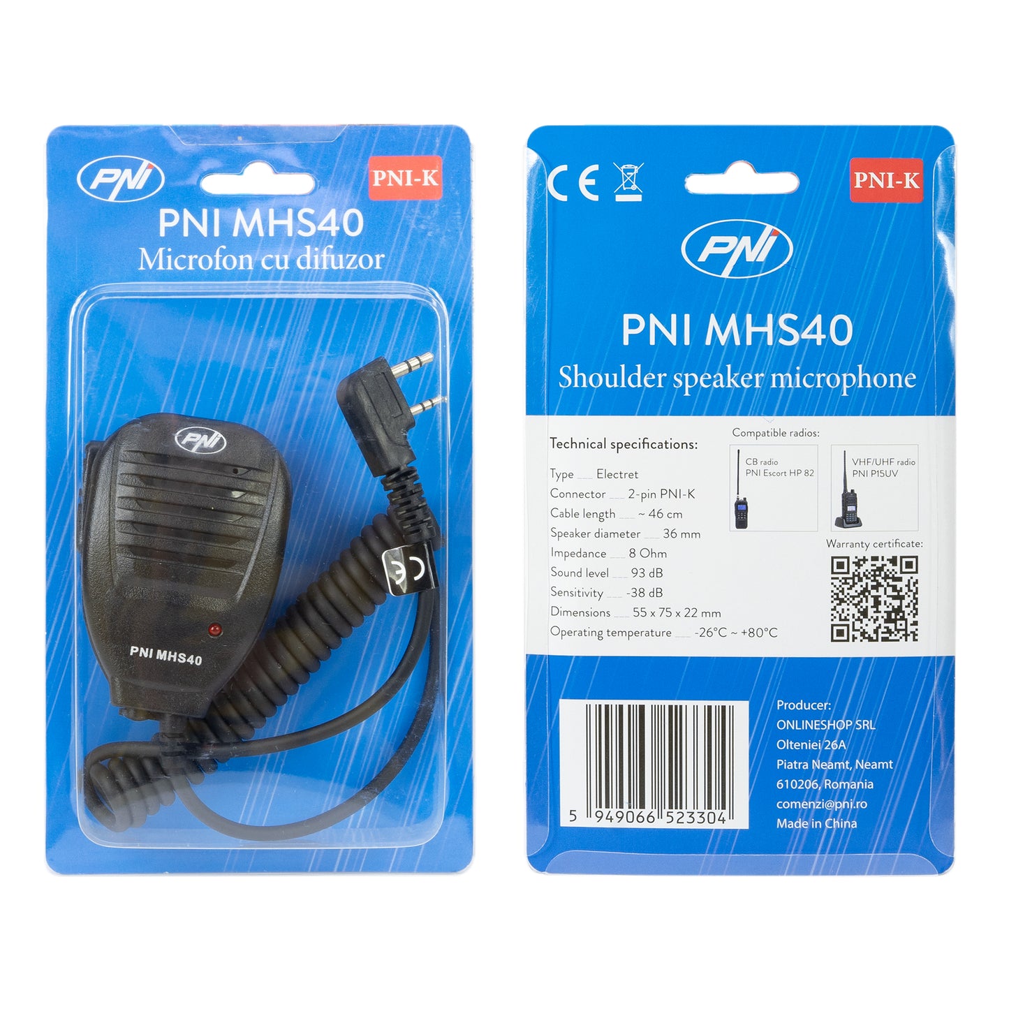 Microfon cu difuzor PNI MHS40 cu 2 pini tip PNI-K, compatibil cu statii PMR, VHF/UHF