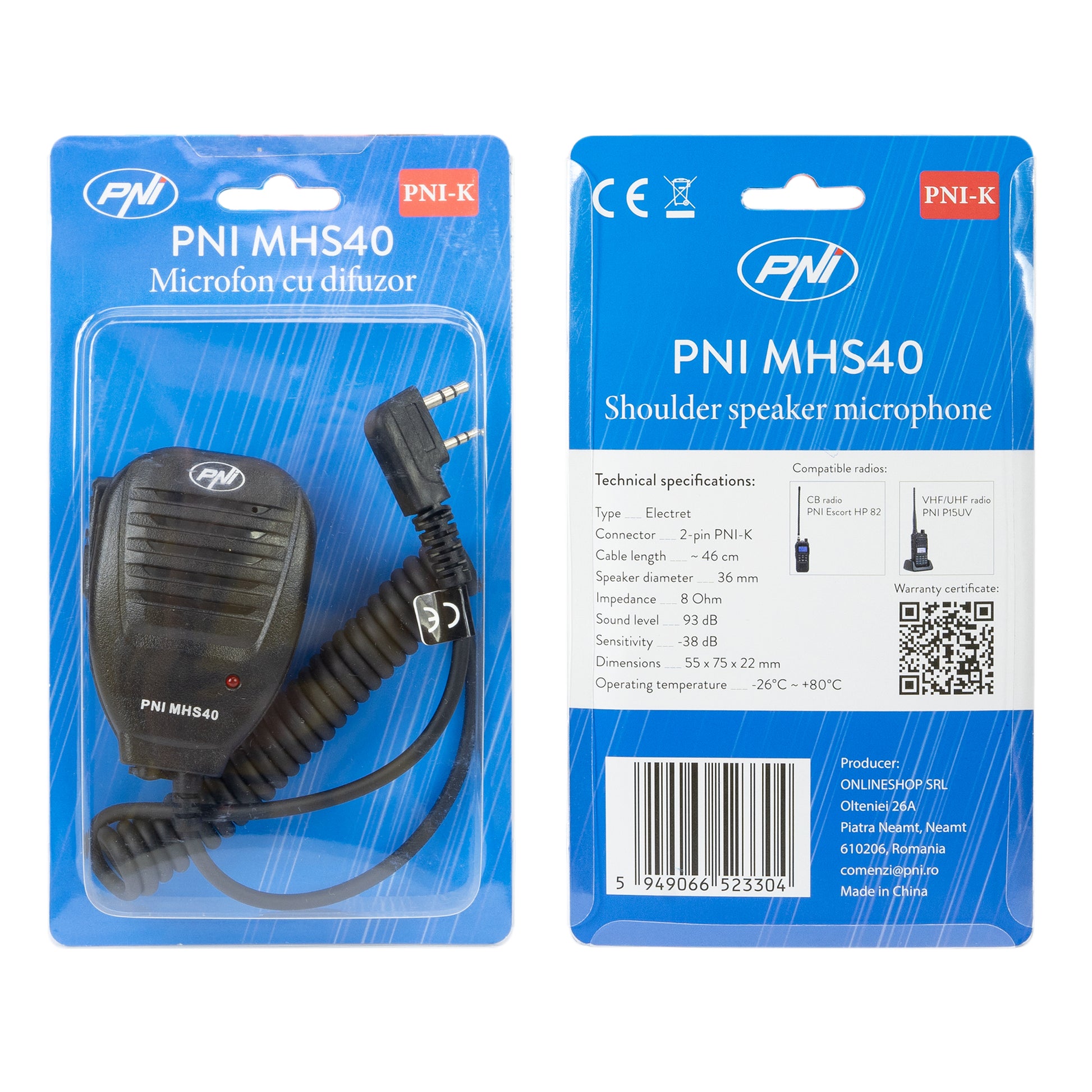 Microfon cu difuzor PNI MHS40 cu 2 pini tip PNI-K, compatibil cu statii PMR, VHF/UHF