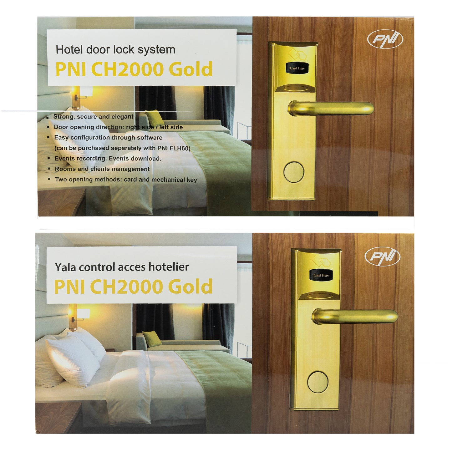 Yala control acces hotelier PNI CH2000L Gold cu cititor de card deschidere pe partea stanga