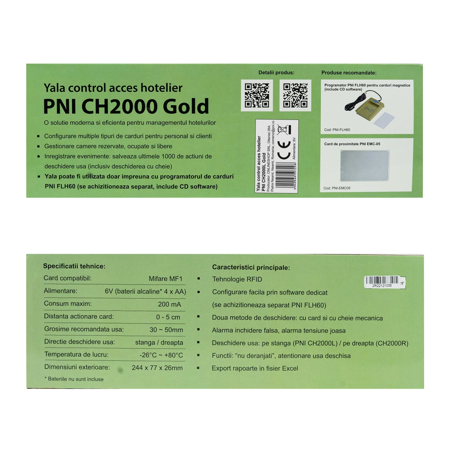 Yala control acces hotelier PNI CH2000L Gold cu cititor de card deschidere pe partea stanga
