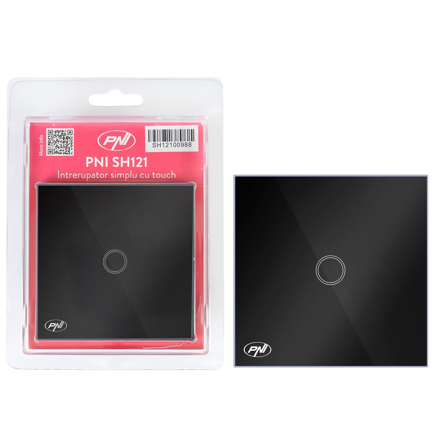 Intrerupator simplu cu touch PNI SH121, din sticla, negru, cu LED indicator, 10A 200W