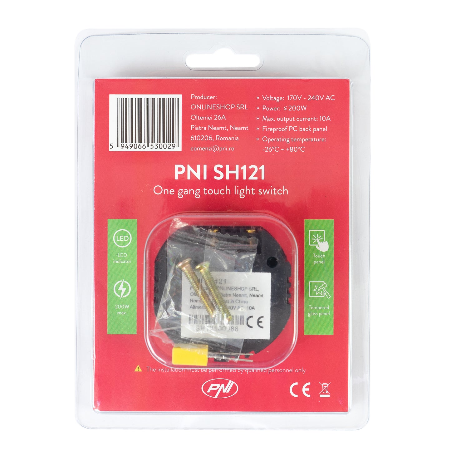 Intrerupator simplu cu touch PNI SH121, din sticla, negru, cu LED indicator, 10A 200W
