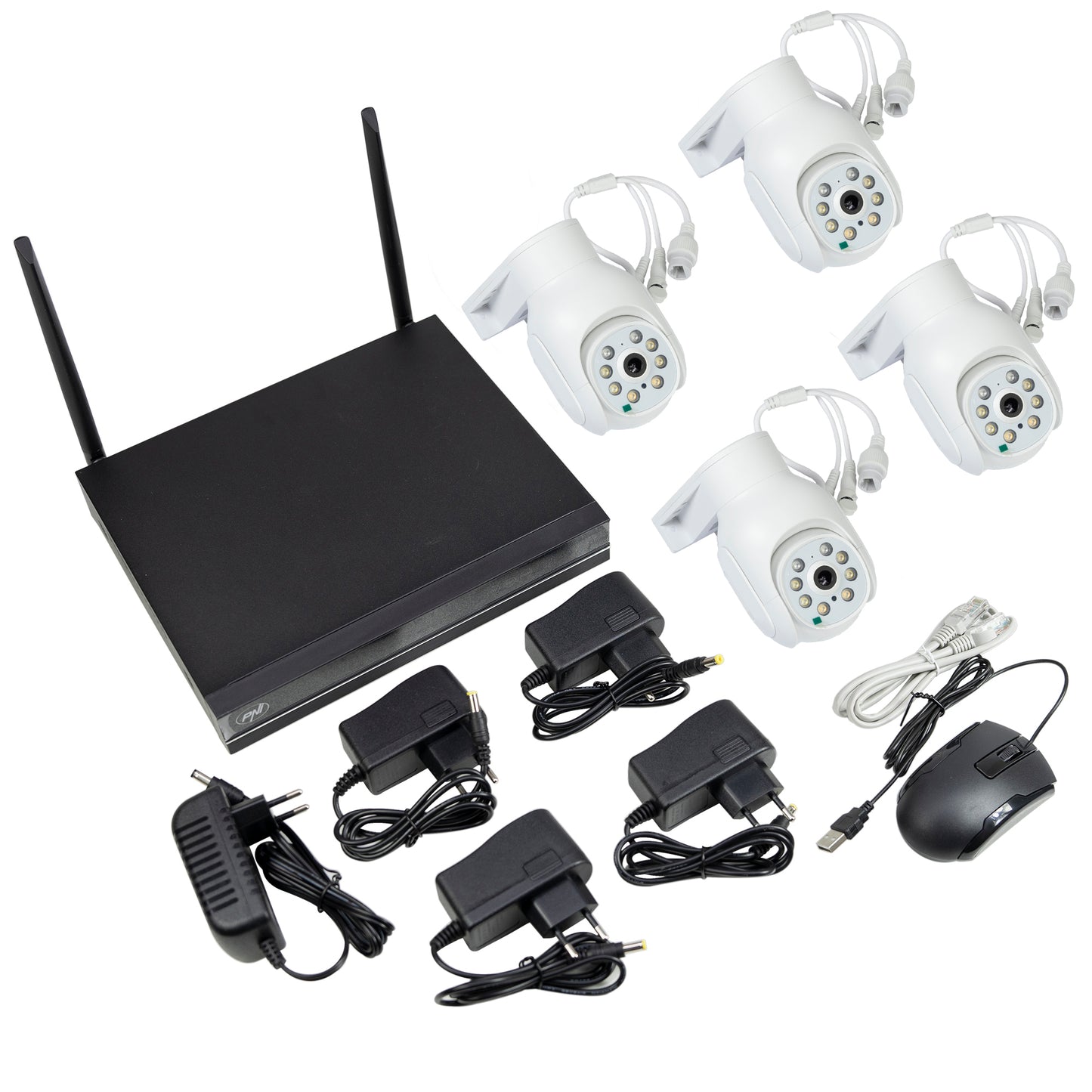 Kit supraveghere video PNI House WiFi834 NVR si 4 camere wireless de exterior 3MP, P2P, IP66