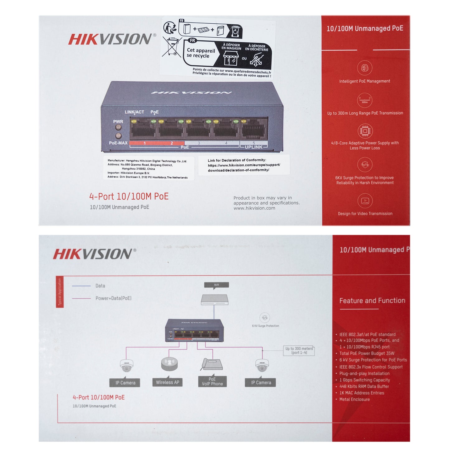 Switch POE Hikvision DS-3E0105P, carcasa metalica, cu 4 porturi POE, 1Gbps, putere de alimentare 60W