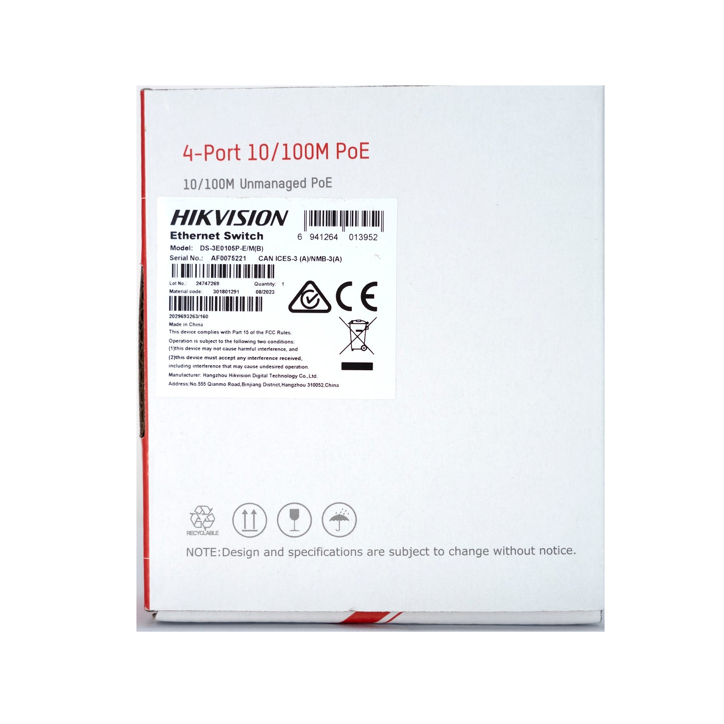 Switch POE Hikvision DS-3E0105P, carcasa metalica, cu 4 porturi POE, 1Gbps, putere de alimentare 60W