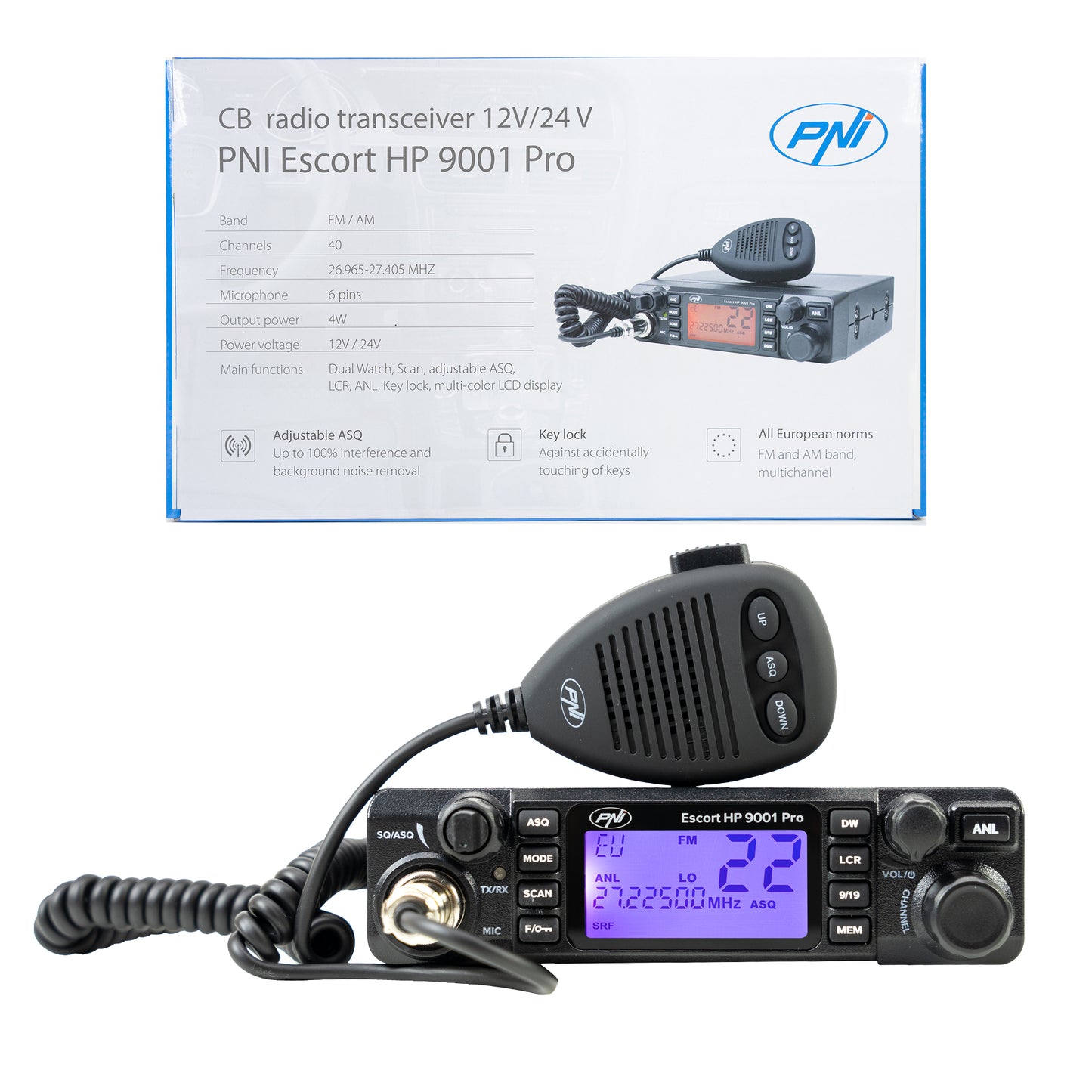 Statie radio CB PNI Escort HP 9001 PRO ASQ reglabil, AM-FM, 12V/24V, 4W, Scan, Dual Watch, ANL, ecran multicolor