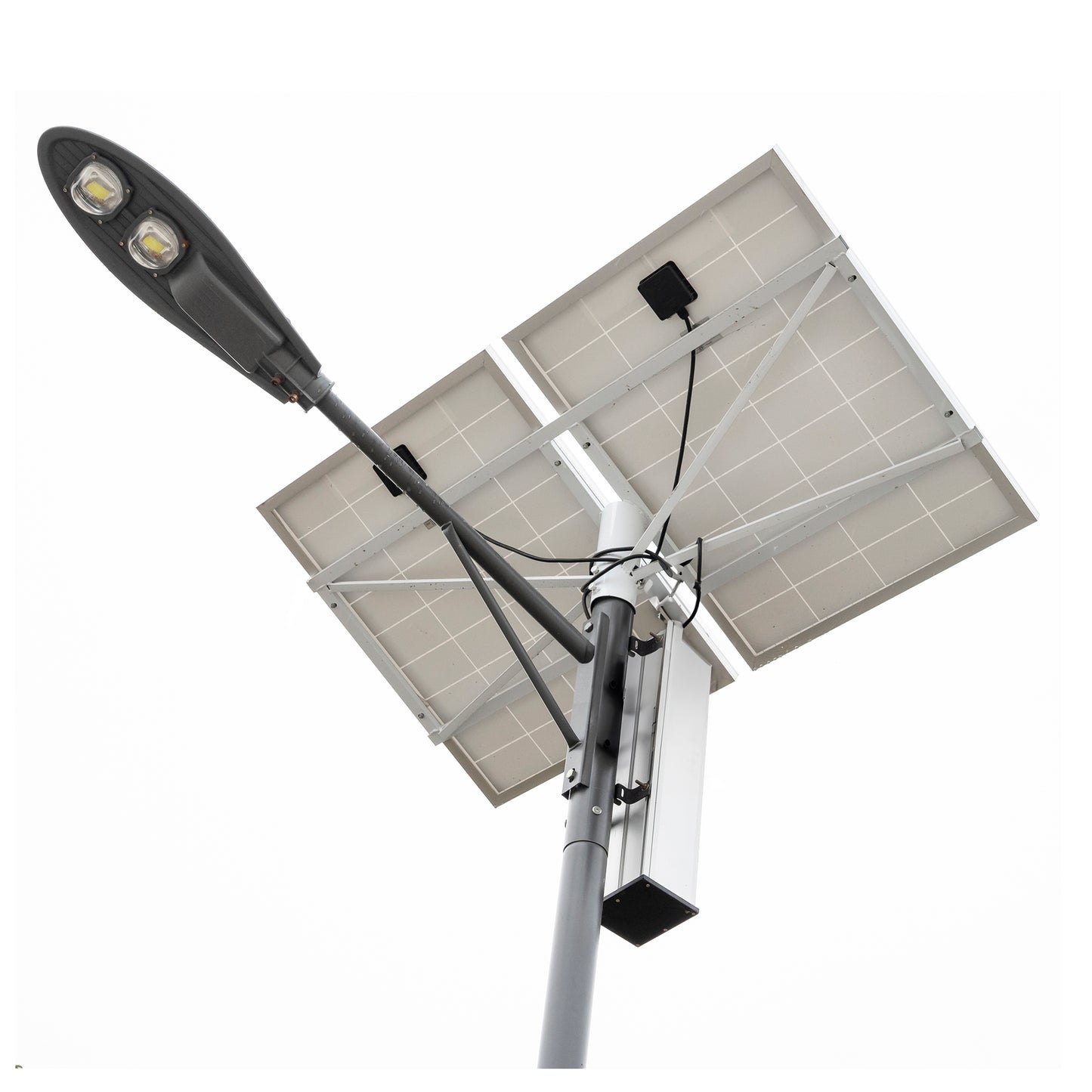 Stalp de iluminat stradal PNI SL802 cu doua panouri fotovoltaice 2 x 80W, proiector LED 2 x 30W, acumulator 60Ah si stalp de montaj lungime 6 metri