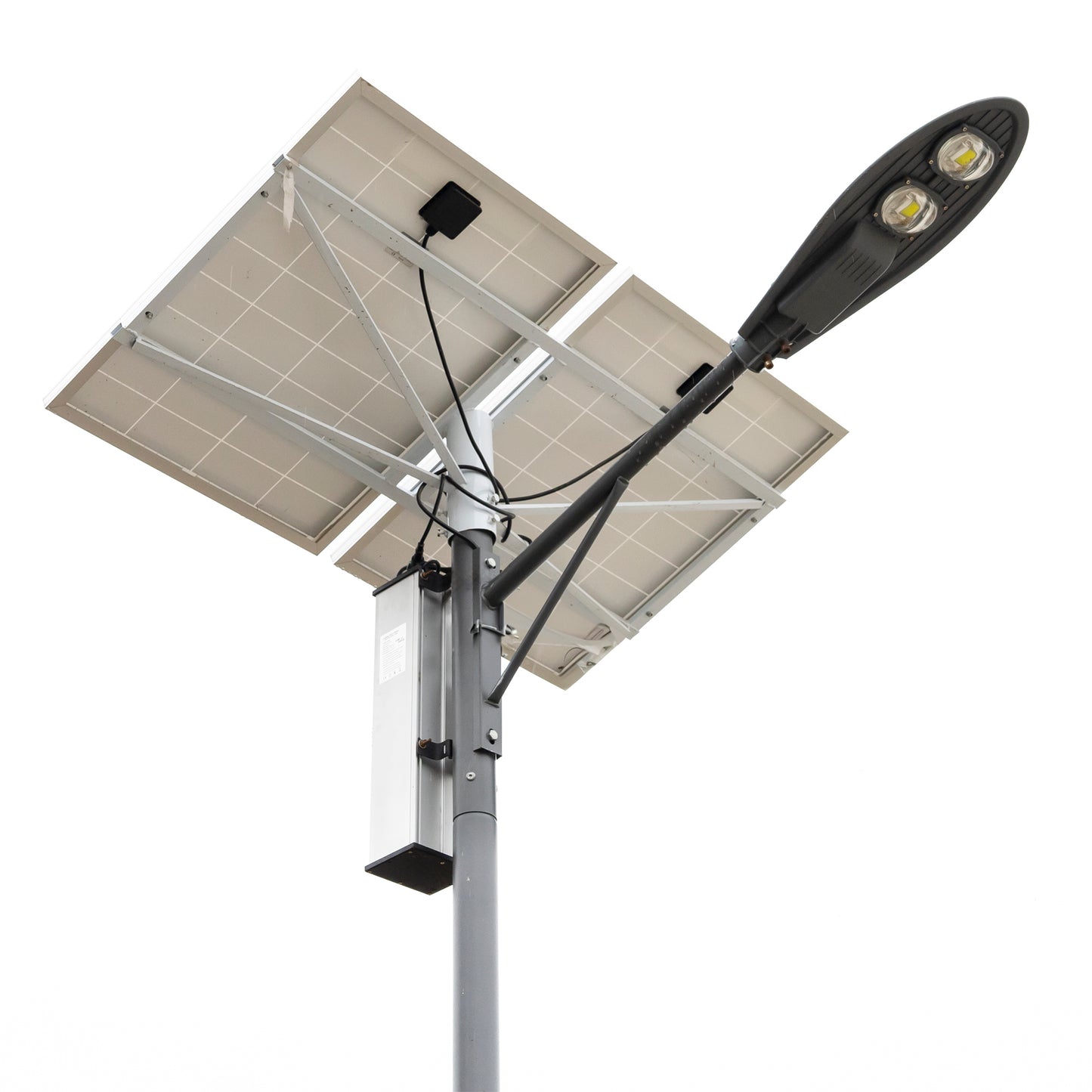 Stalp de iluminat stradal PNI SL802 cu doua panouri fotovoltaice 2 x 80W, proiector LED 2 x 30W, acumulator 60Ah si stalp de montaj lungime 6 metri