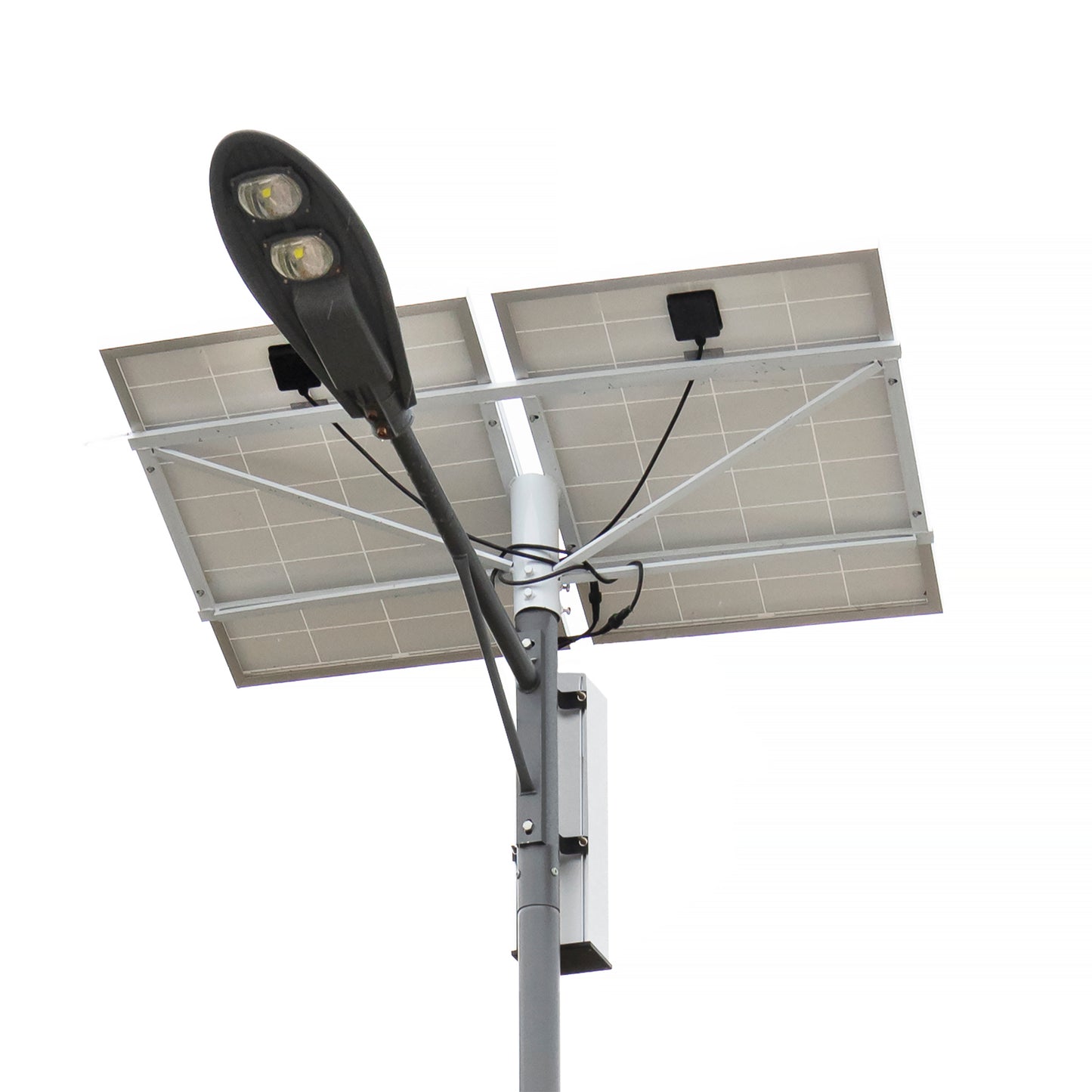 Stalp de iluminat stradal PNI SL802 cu doua panouri fotovoltaice 2 x 80W, proiector LED 2 x 30W, acumulator 60Ah si stalp de montaj lungime 6 metri