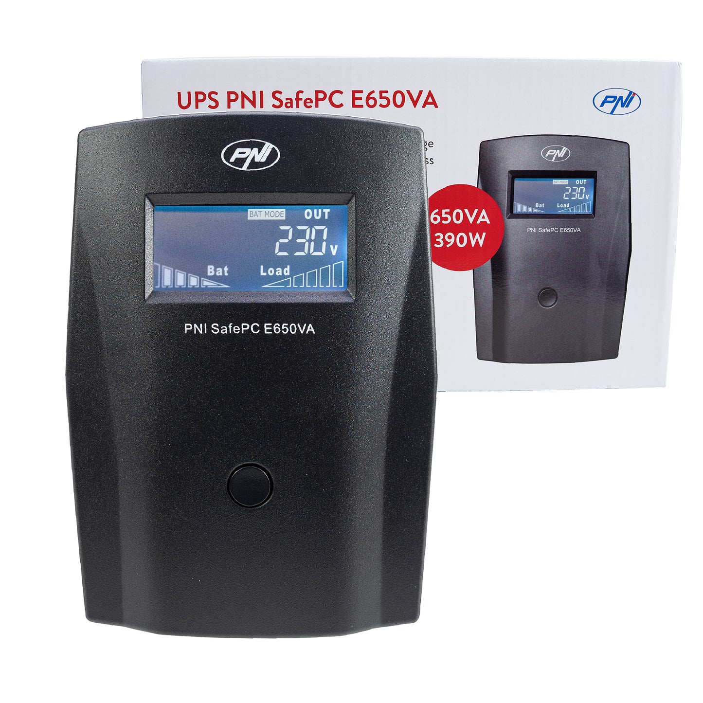 UPS PNI SafePC E650VA, putere 390W, 1.8A, iesire 2 x 230V, ecran LCD acumulator 7.2A inclus