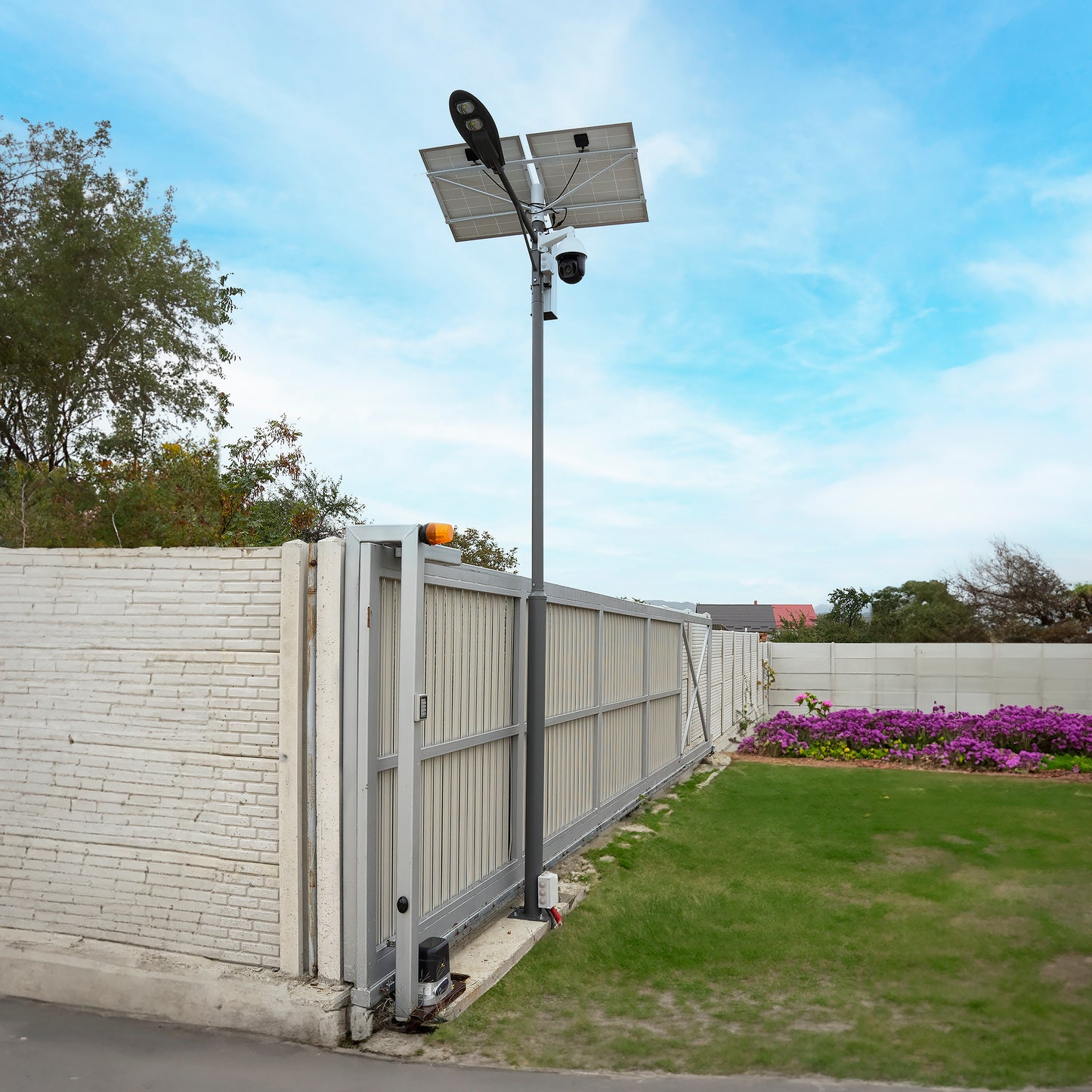 Stalp de iluminat stradal PNI SL802 cu doua panouri fotovoltaice 2 x 80W, proiector LED 2 x 30W, acumulator 60Ah si stalp de montaj lungime 6 metri
