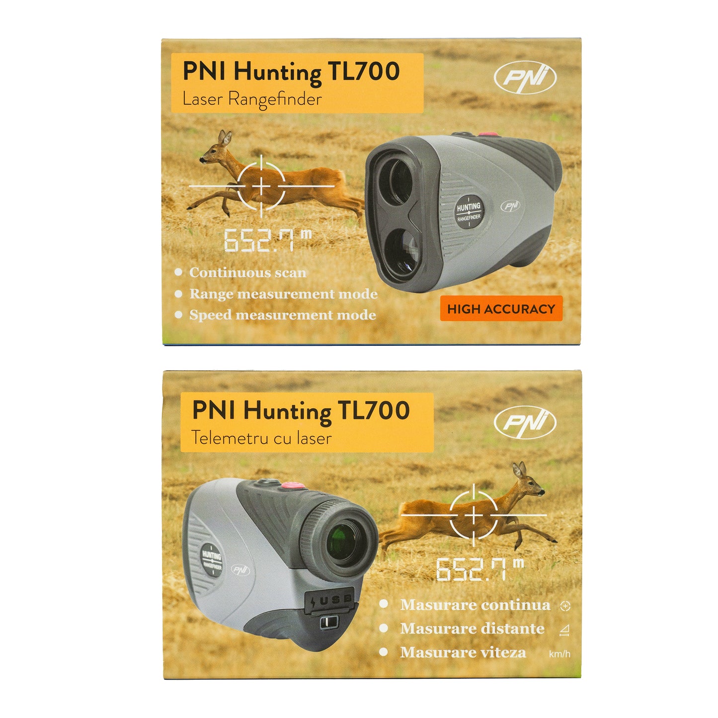 Telemetru cu laser PNI Hunting TL700,1100 m, zoom 7x, IP54, masurare distante si viteza, pentru vanatoare, golf, tir