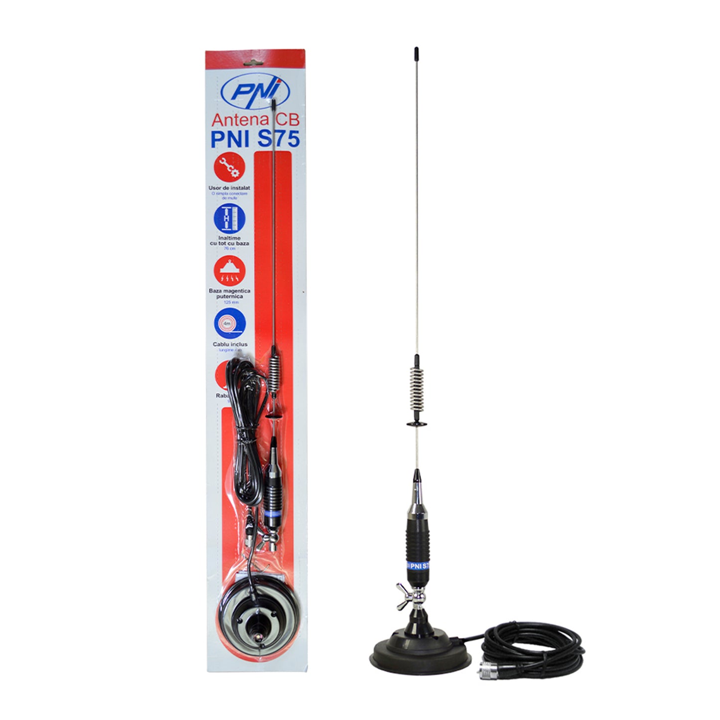 Antena CB PNI S75 cu fluture, 26-28MHz, lungime spic 54 cm, magnet 125mm inclus