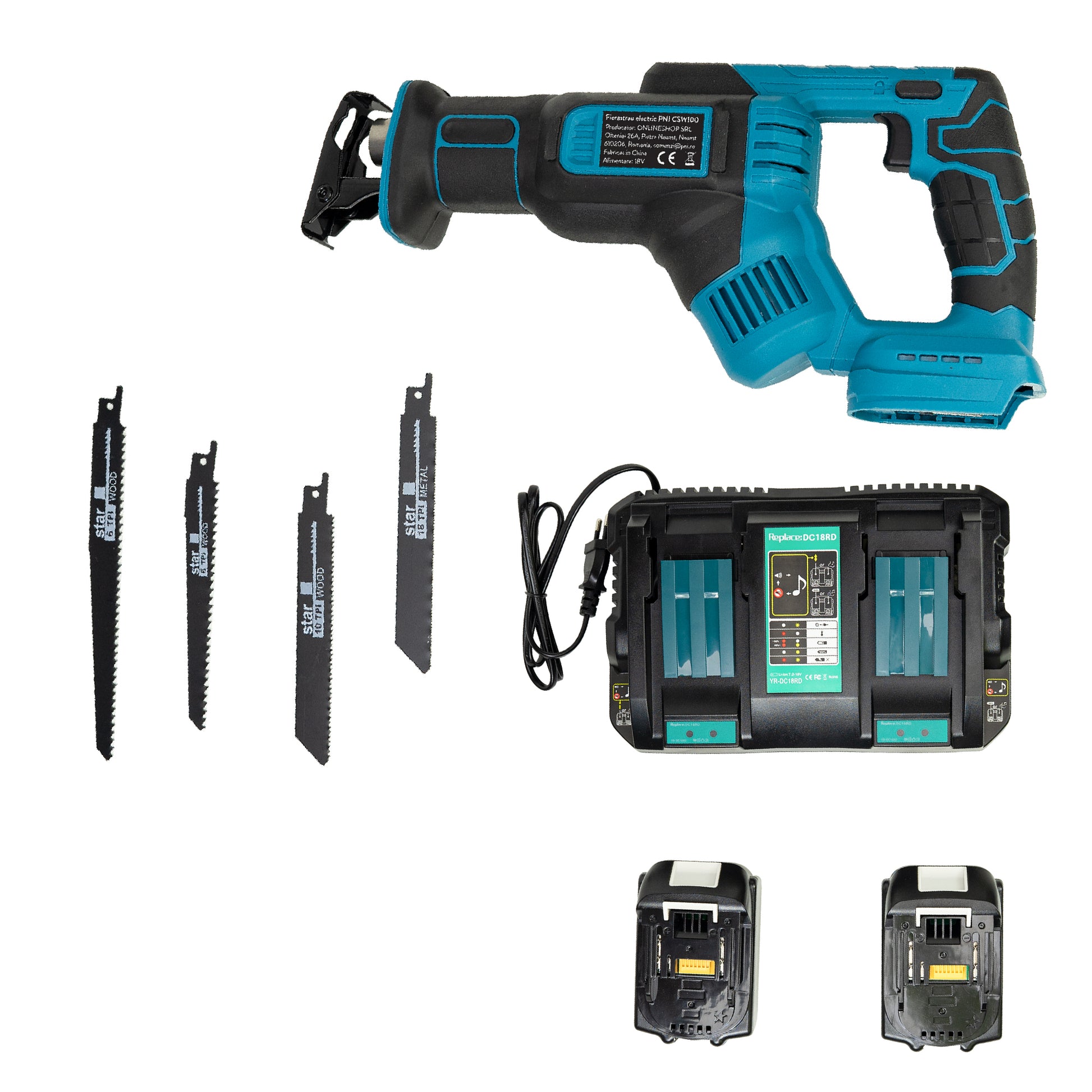 Kit Fierastrau electric alternativ PNI CSW100 cu 4 lame incluse si incarcator dual cu 2 acumulatori PNI DCH218 18V 5Ah
