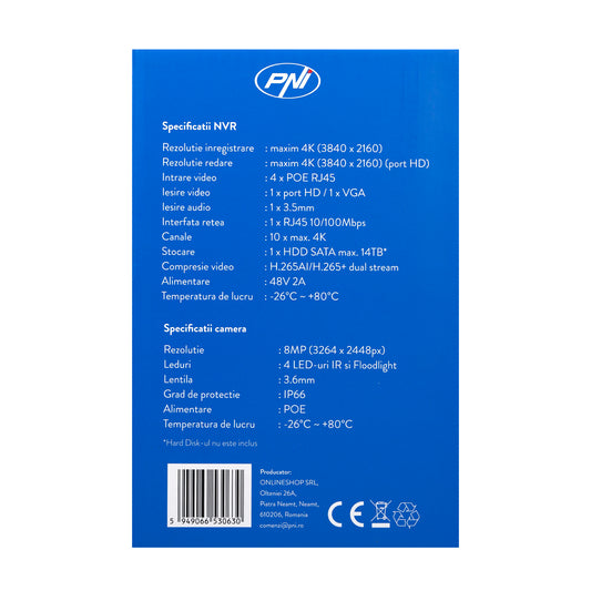 Kit supraveghere video PNI House IPMAX POE 8, NVR cu 4 porturi POE si 4 camere cu IP 8MP, IP66