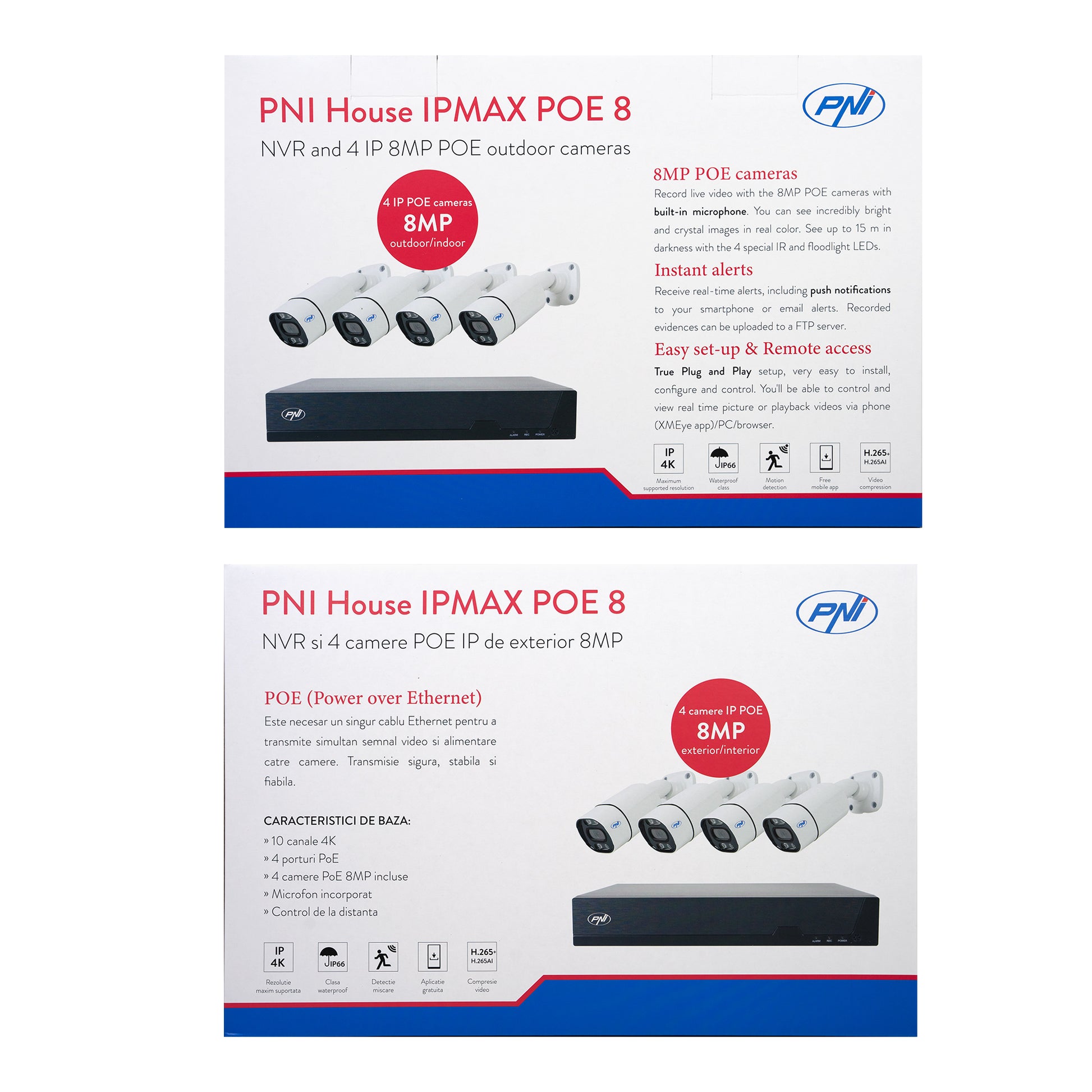 Kit supraveghere video PNI House IPMAX POE 8, NVR cu 4 porturi POE si 4 camere cu IP 8MP, IP66