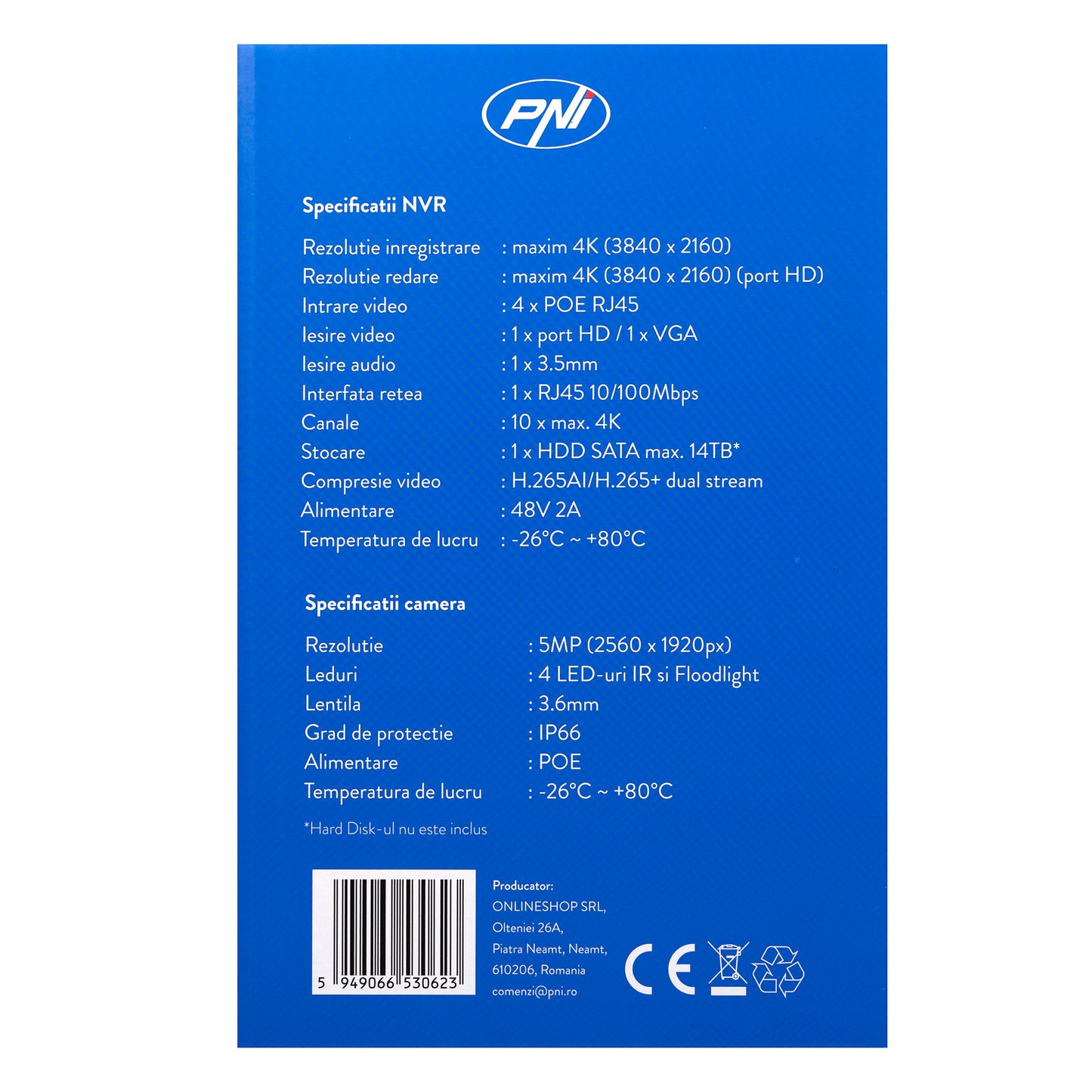 Kit supraveghere video POE PNI House IPMAX POE 5, NVR cu 4 porturi POE si 4 camere cu IP 5MP