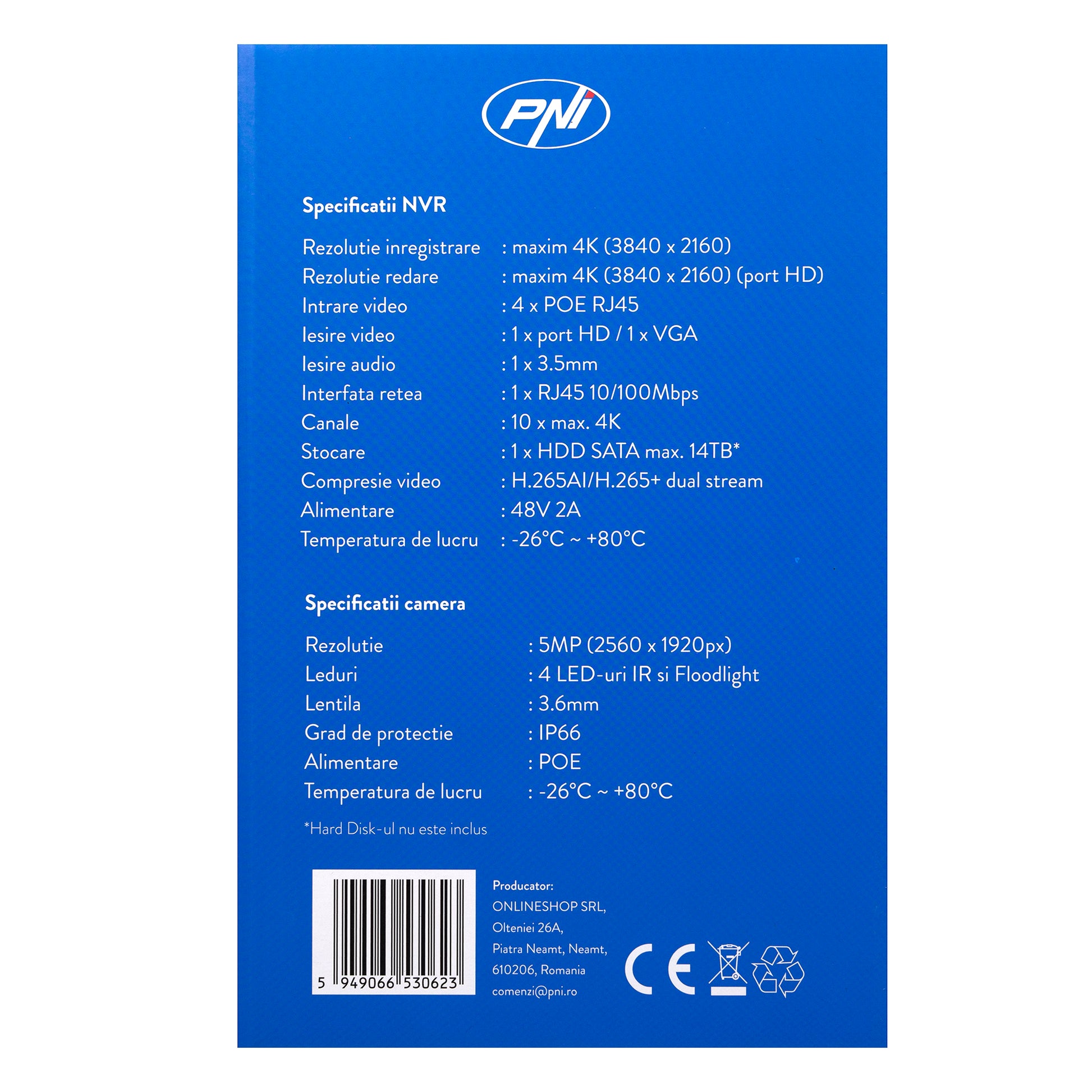 Kit supraveghere video POE PNI House IPMAX POE 5, NVR cu 4 porturi POE si 4 camere cu IP 5MP