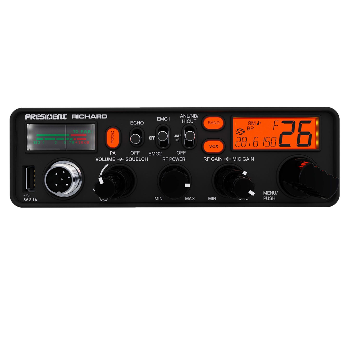 Kit Statie radio CB President Richard ASC 10M + Antena CB PNI ML70, lungime 70cm, 26-30MHz, 200W