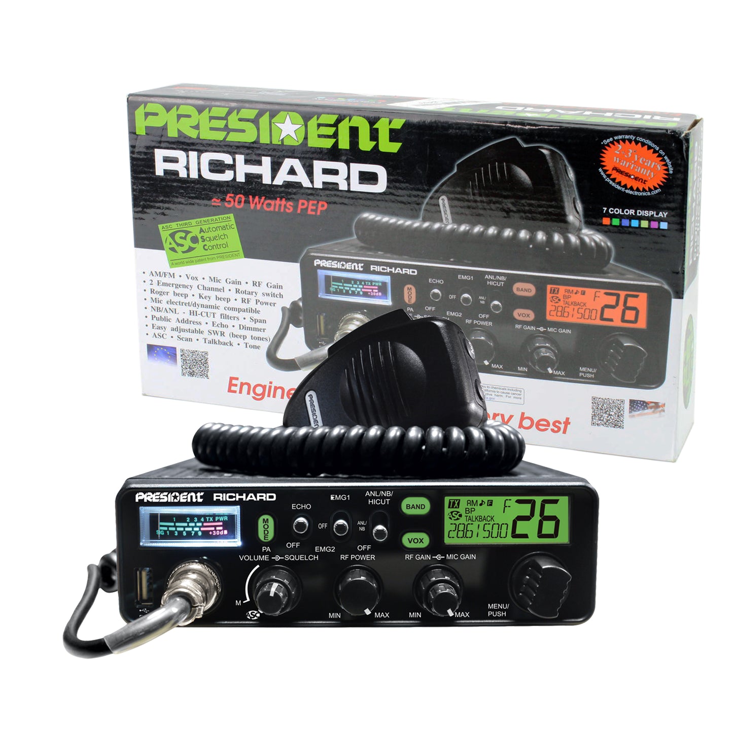 Kit Statie radio CB President Richard ASC 10M + Antena CB PNI ML70, lungime 70cm, 26-30MHz, 200W