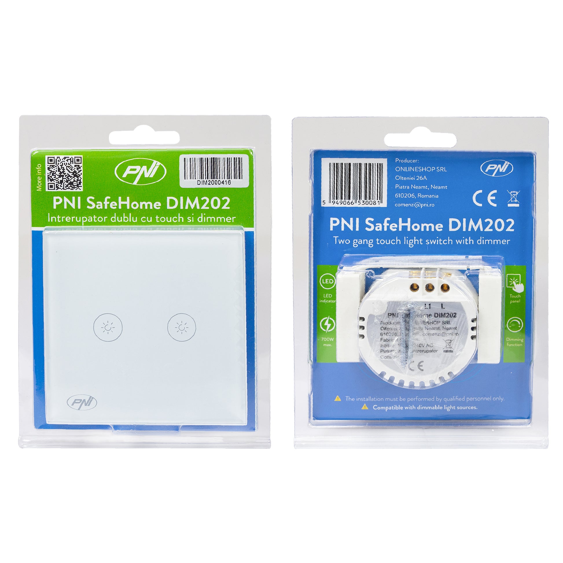 Intrerupator dublu cu touch si dimmer PNI SafeHome DIM202 2X700W,  Live Wire, fara nul, sticla