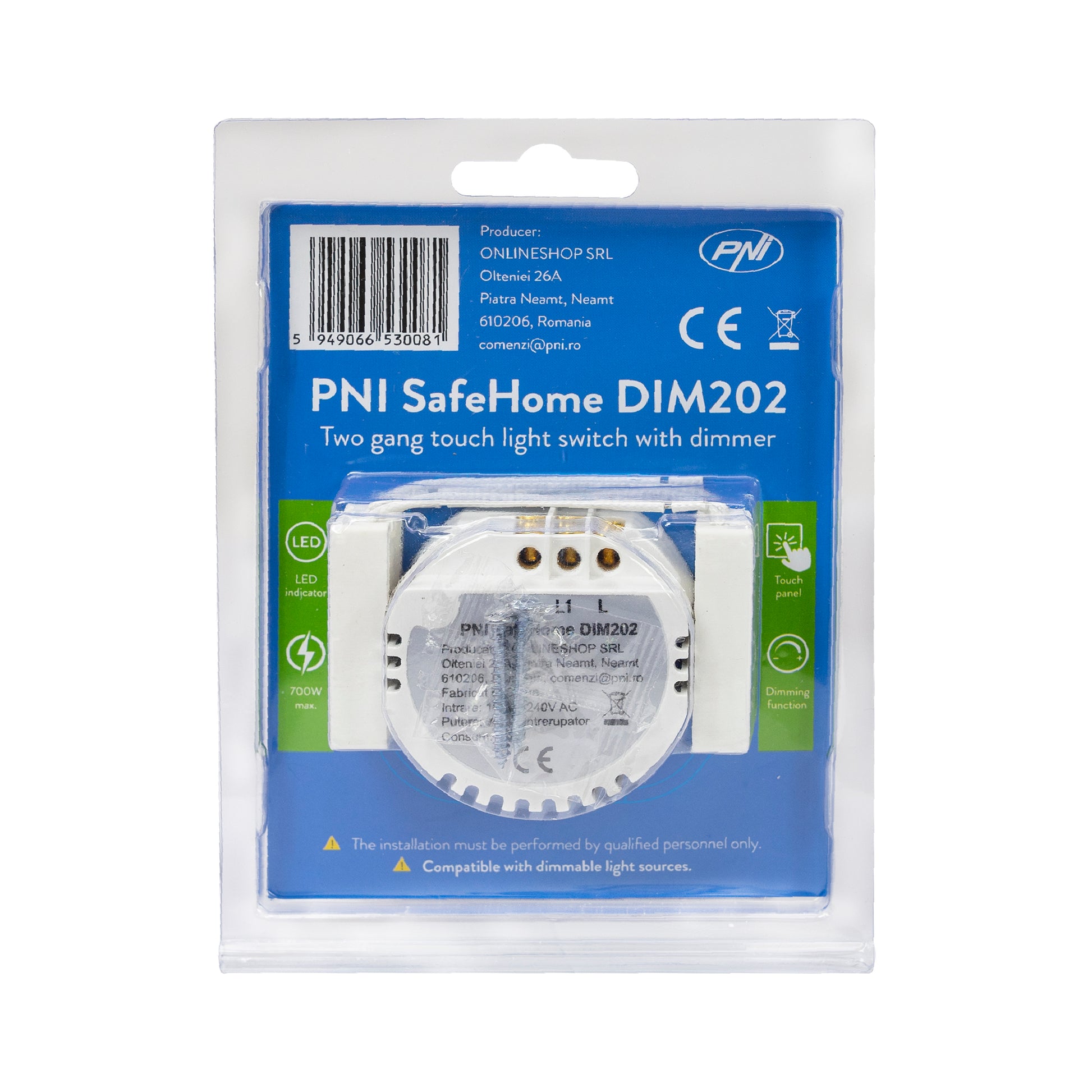 Intrerupator dublu cu touch si dimmer PNI SafeHome DIM202 2X700W,  Live Wire, fara nul, sticla