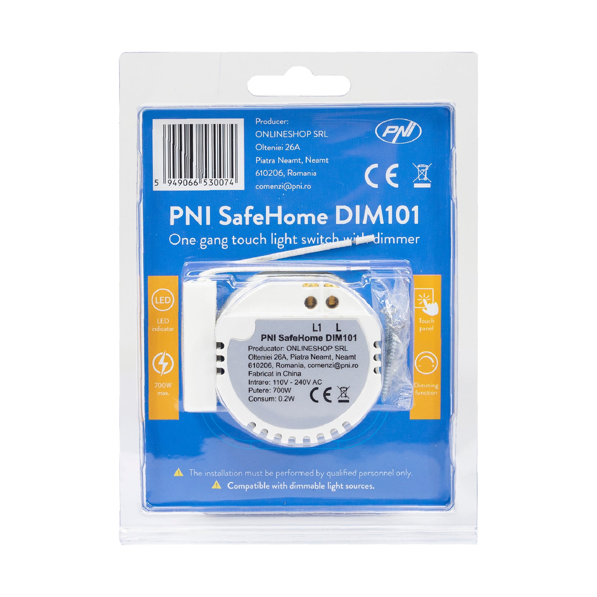 Intrerupator simplu cu touch si dimmer PNI SafeHome DIM101 1X700W,  Live Wire, fara nul, sticla dimabil