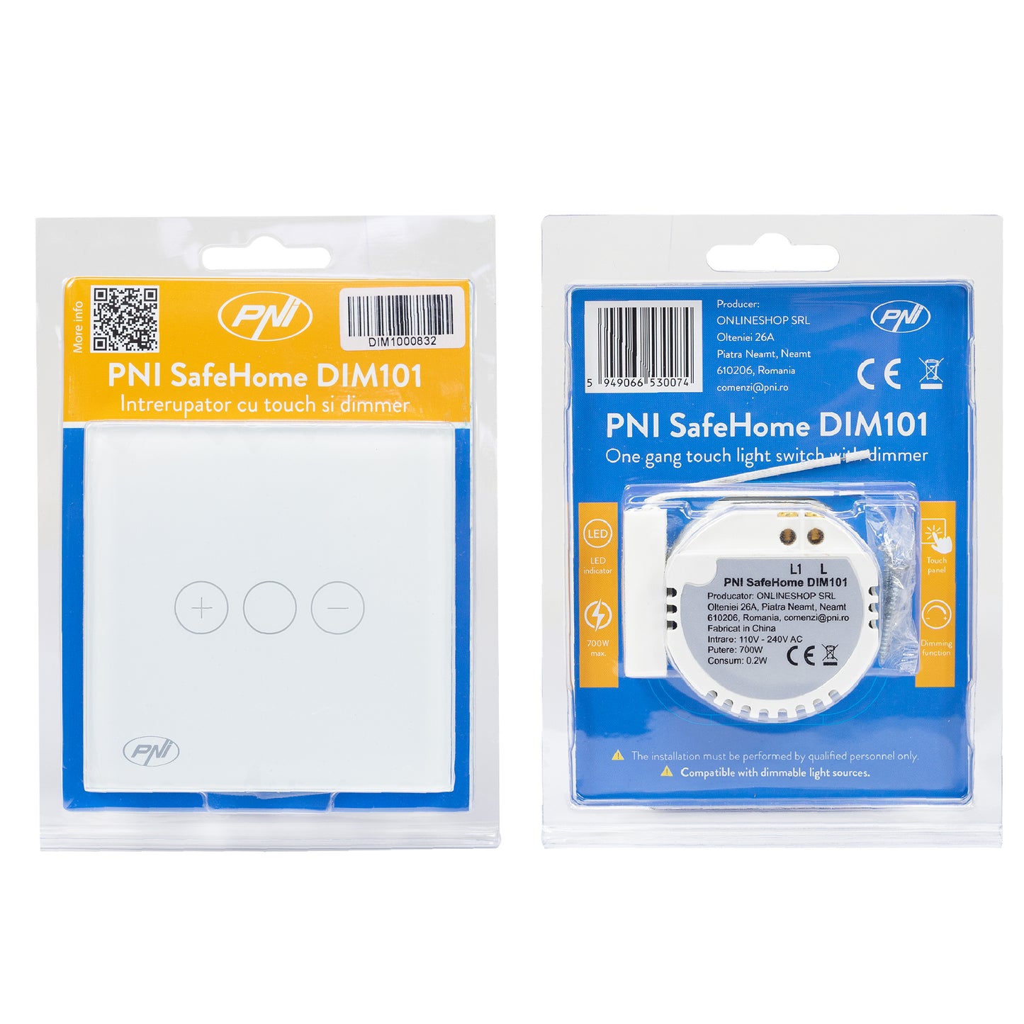 Intrerupator simplu cu touch si dimmer PNI SafeHome DIM101 1X700W,  Live Wire, fara nul, sticla dimabil