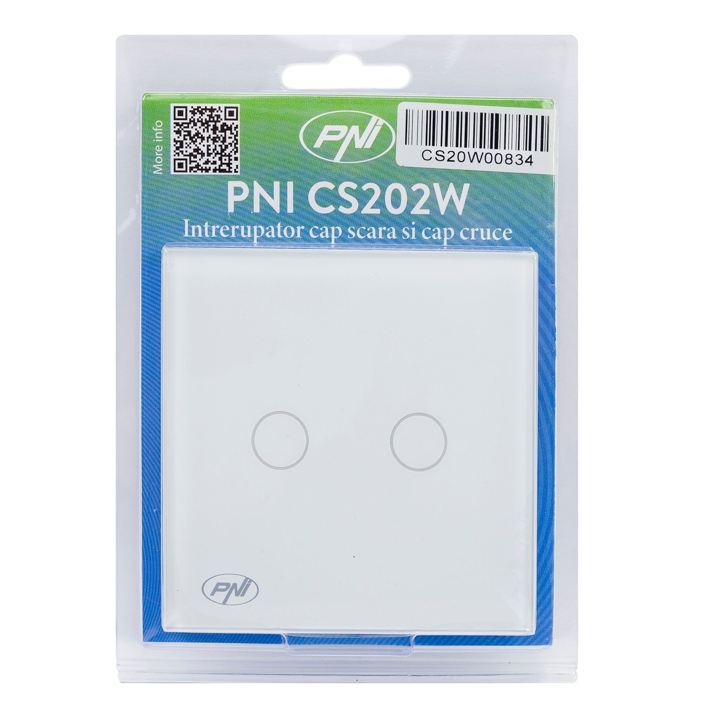 Intrerupator cap scara si cap cruce dublu cu touch PNI CS202W din sticla, alb cu LED indicator, 800W / intrerupator